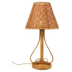 Rattan Table Lamp with Wicker Wire Conical Lampshade, Italy 1960s