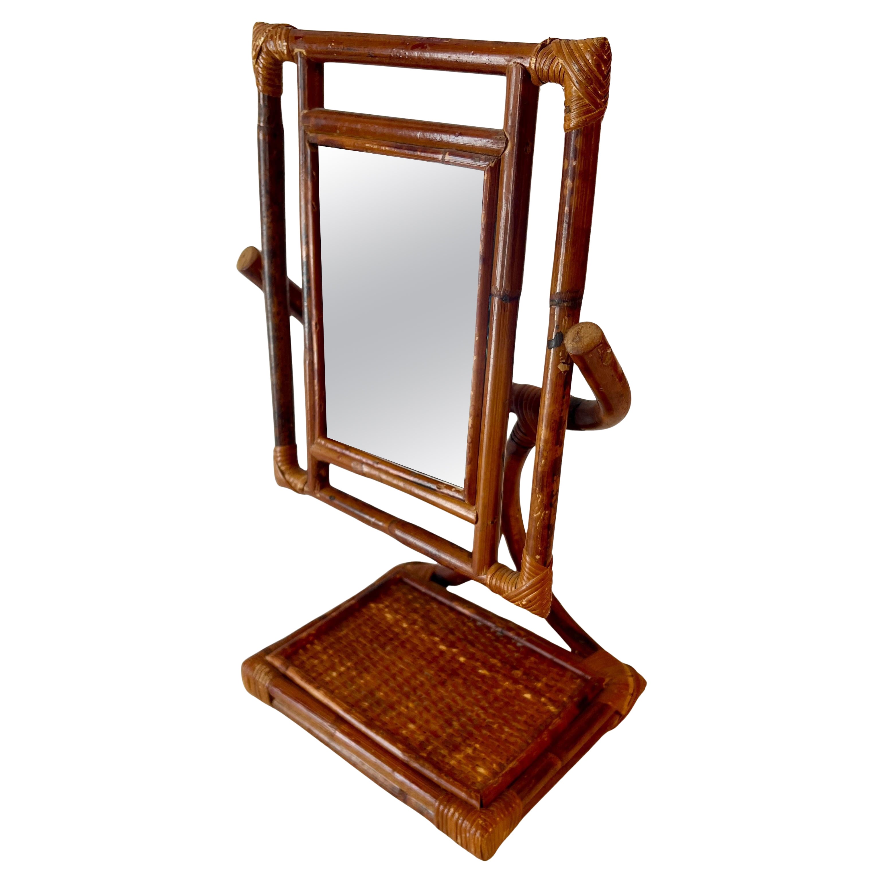 Rattan Table Mirror on Adjustable Base