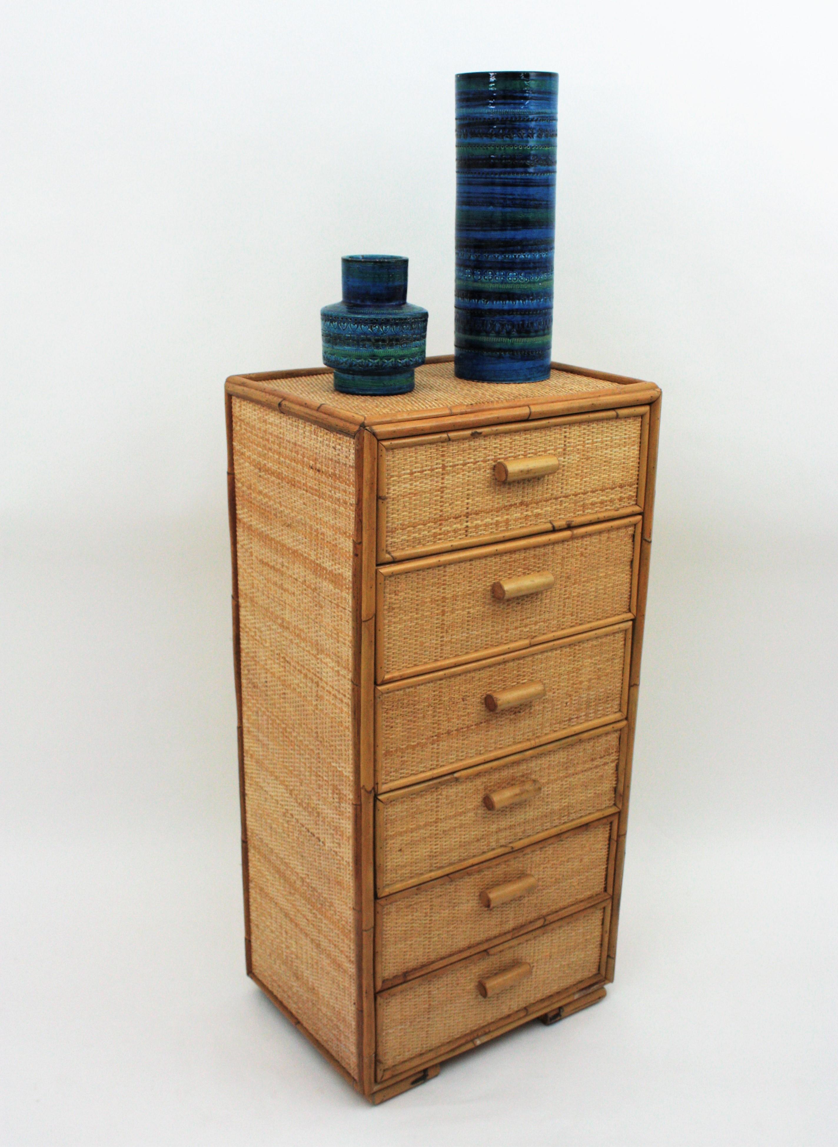 Hand-Crafted Rattan Tall Boy Dresser, 1960s For Sale