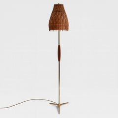 Rattan, Teak & Brass Tripod Floor Lamp, Sweden 1950s to 1960s