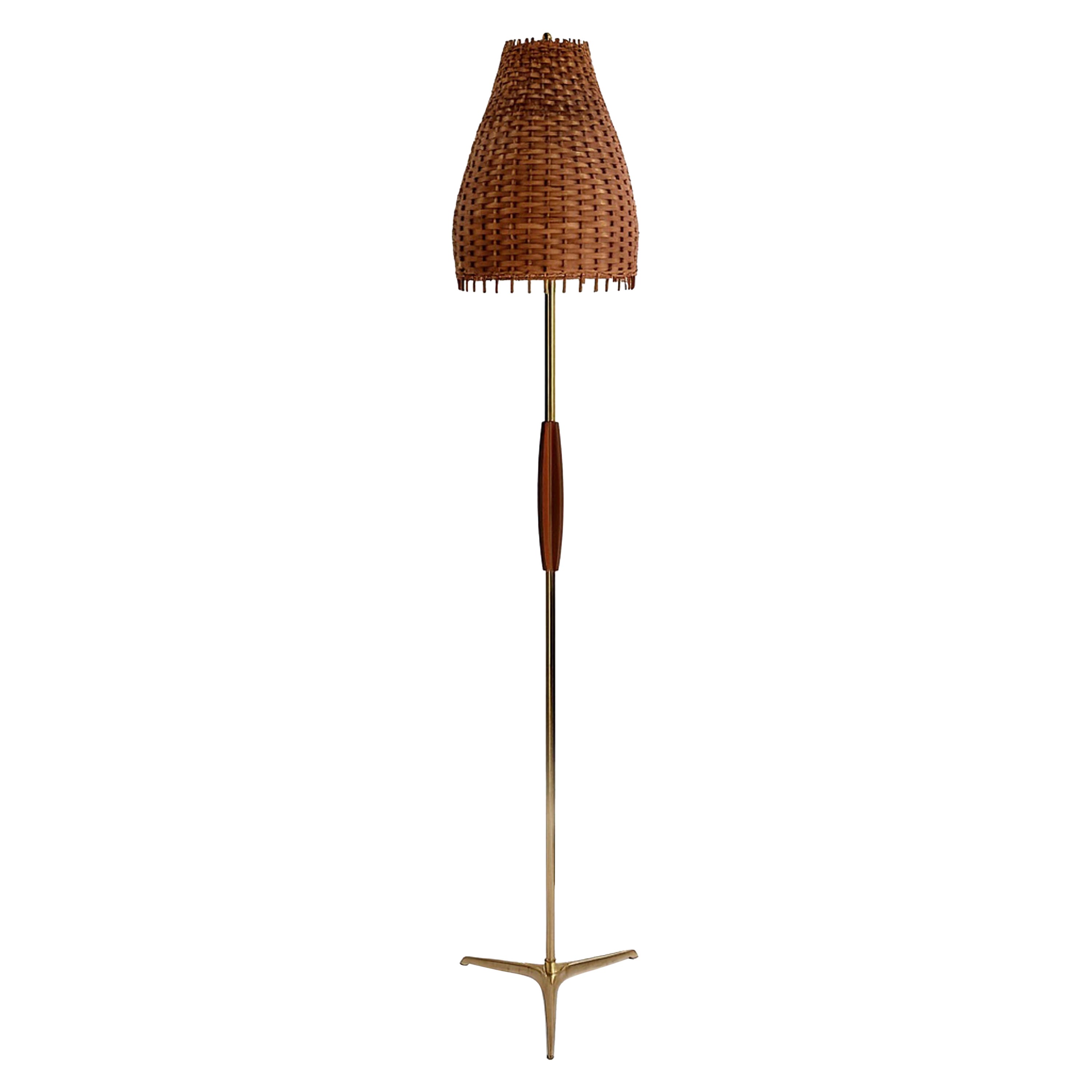 Rattan, Teak 
Brass Tripod Floor Lamp, Sweden 1950s to 1960s For Sale
