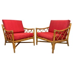 Retro Rattan Tiki Style Chinoiserie Lounge Chairs