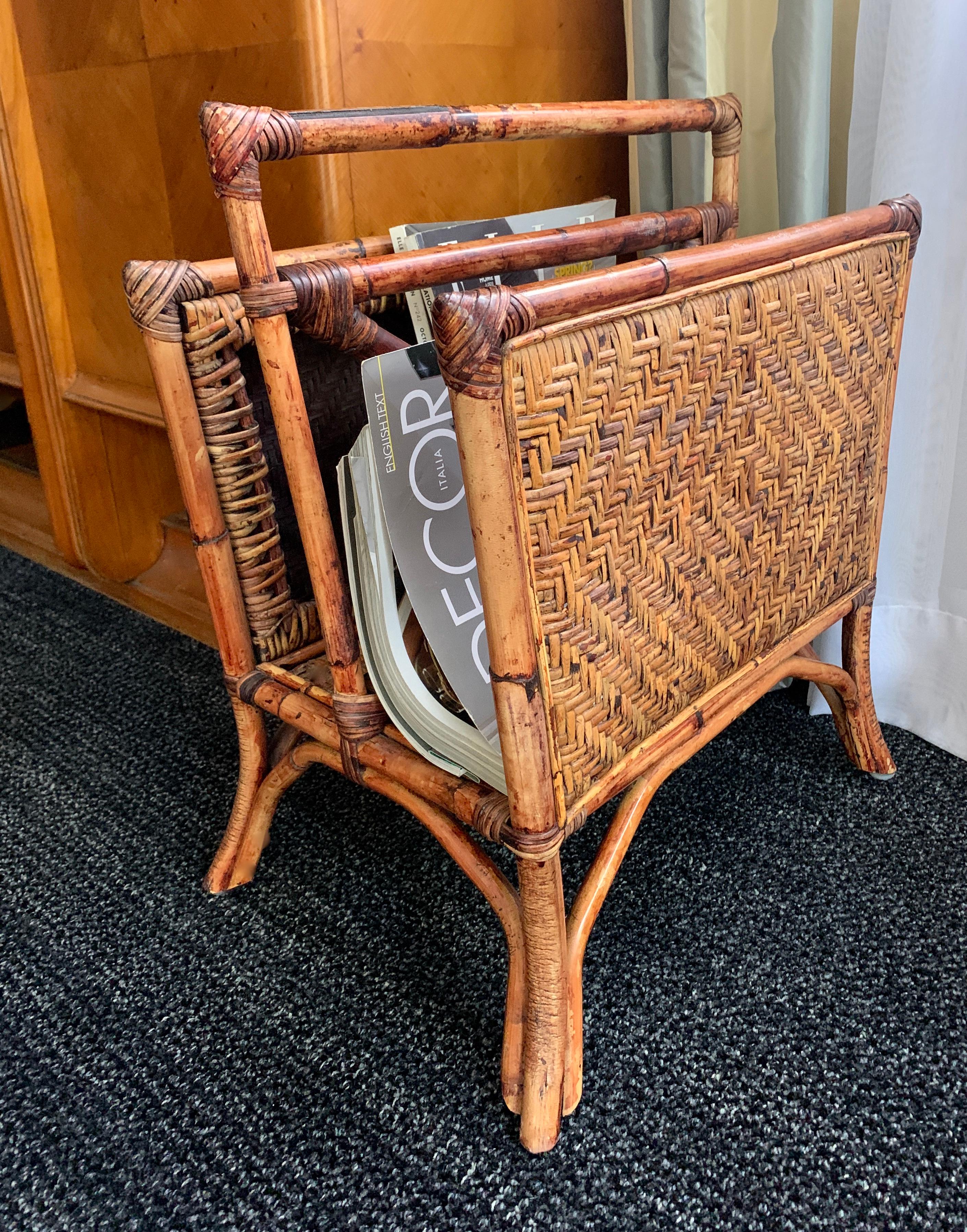 Hand-Woven Rattan Two Section Magazine Rack with Handle
