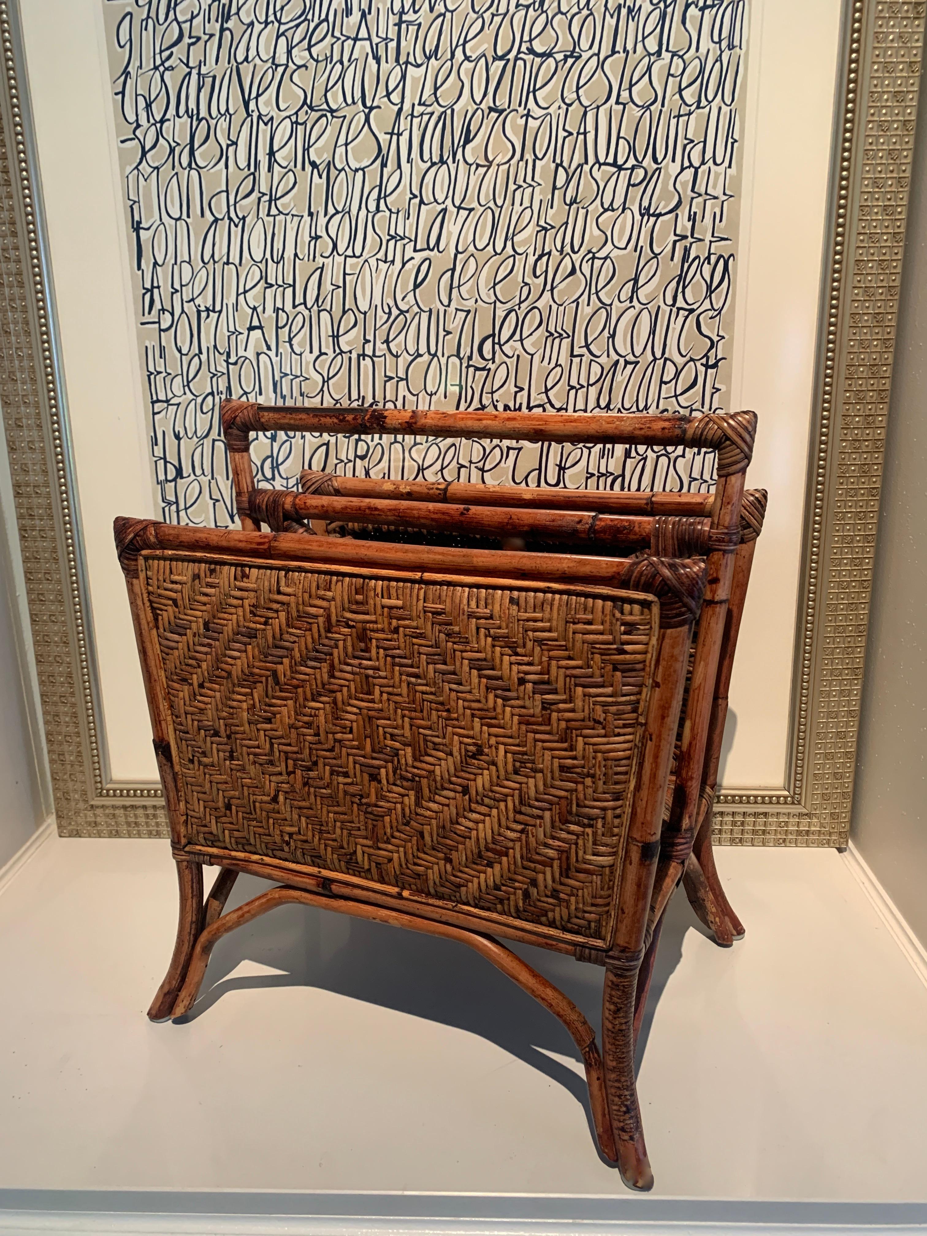 20th Century Rattan Two Section Magazine Rack with Handle