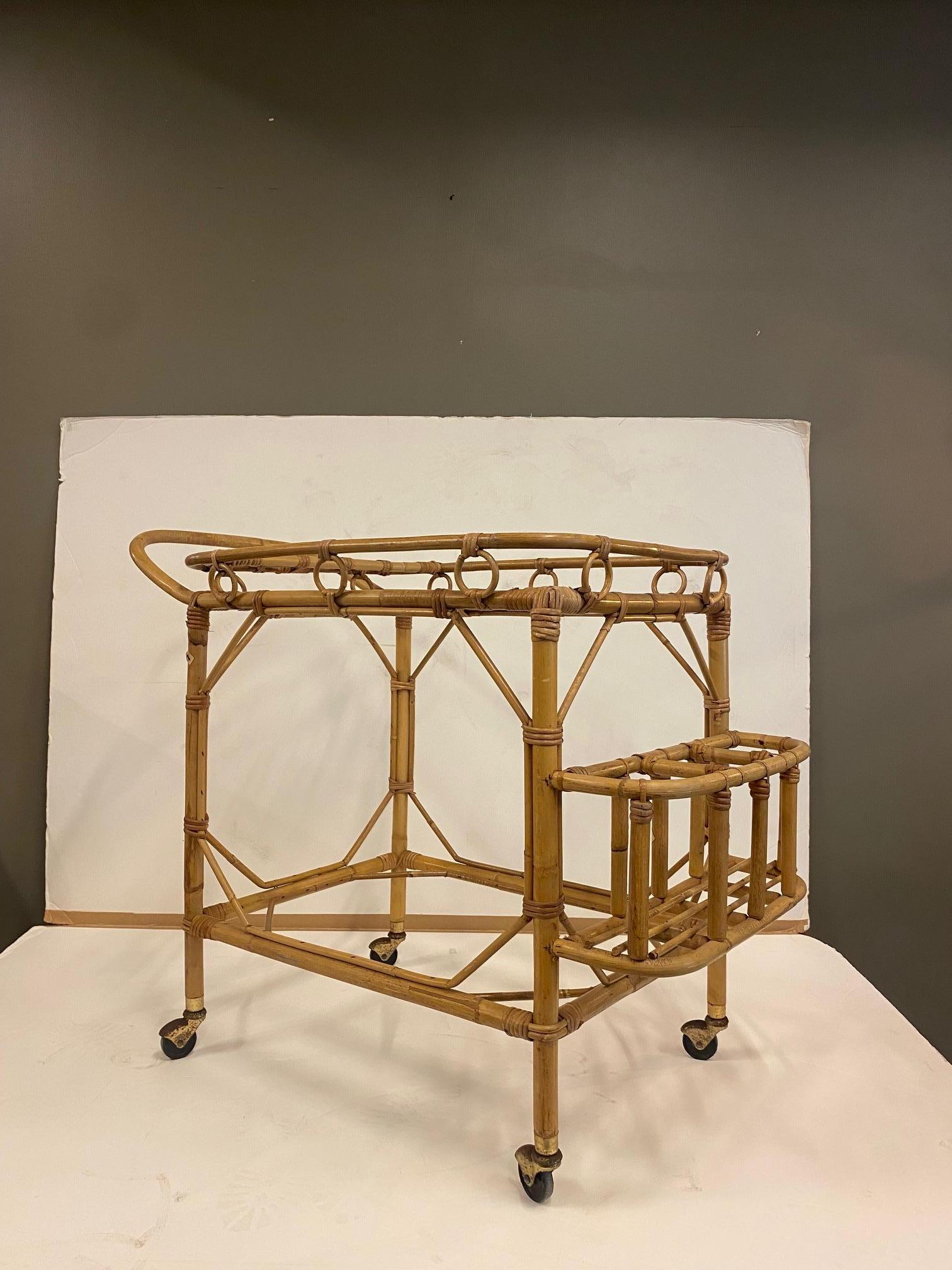 Mid-Century Modern Rattan Two-Tier Bar Cart, France, 1950's