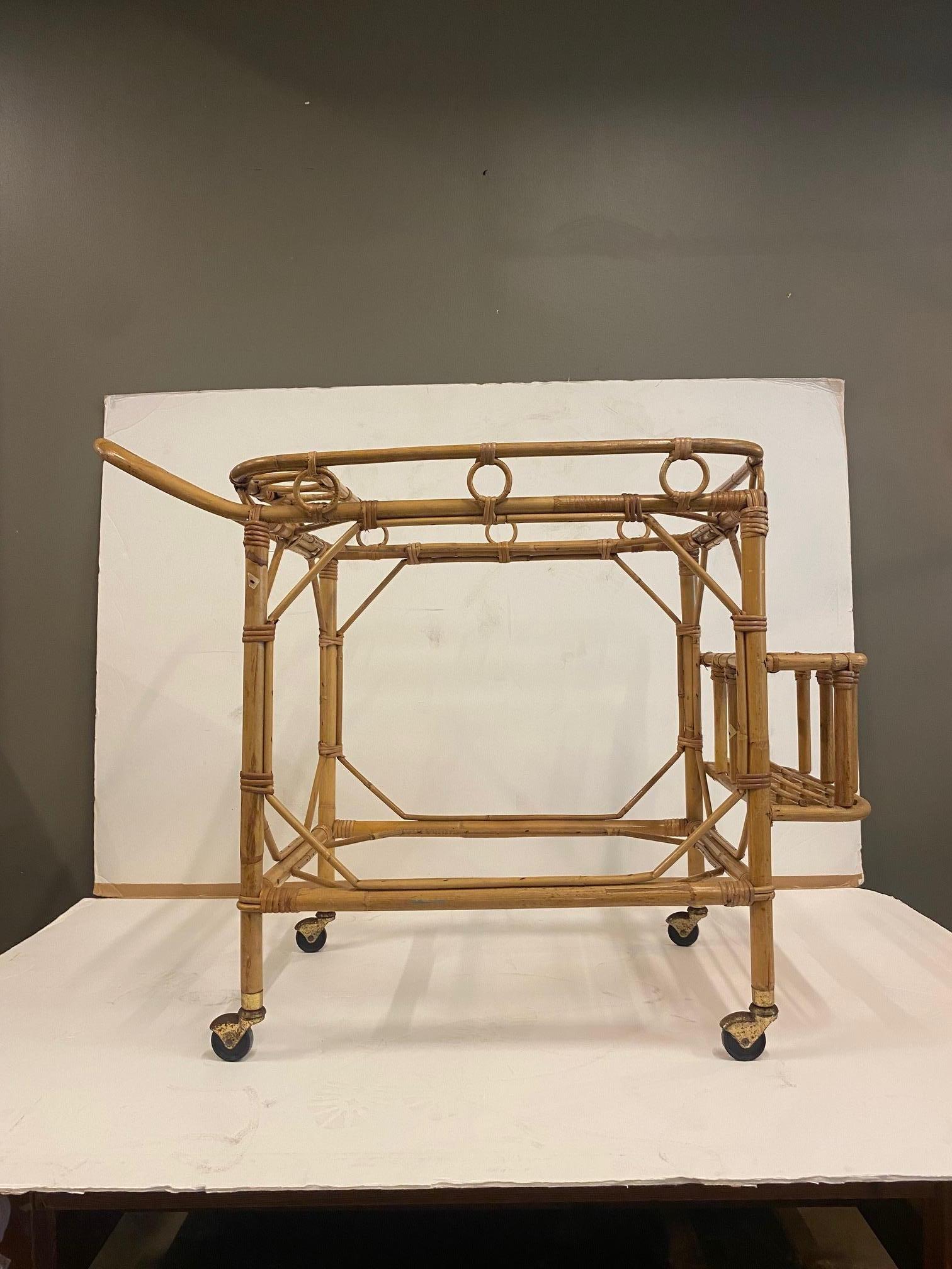 French Rattan Two-Tier Bar Cart, France, 1950's