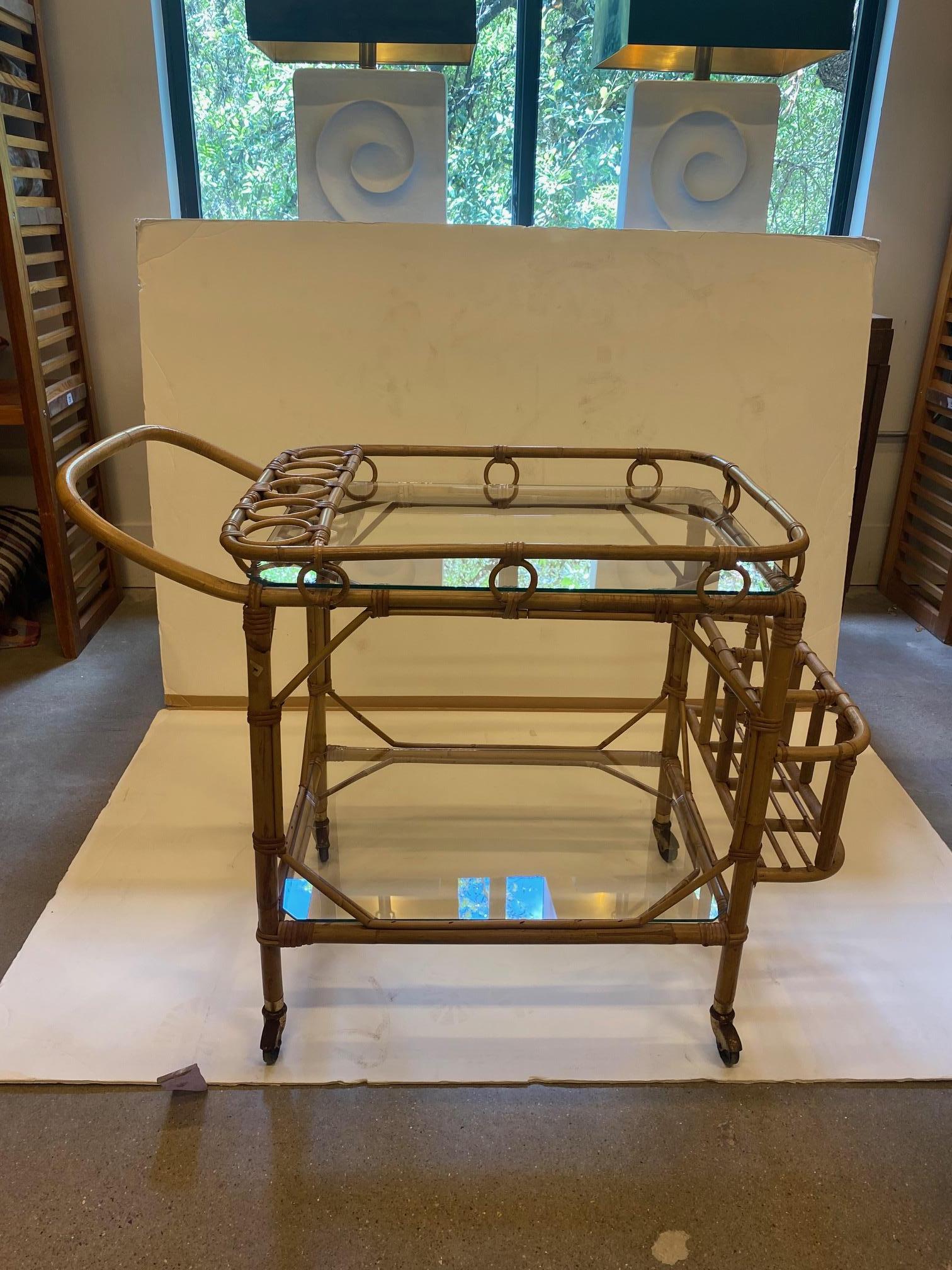 Rattan Two-Tier Bar Cart, France, 1950's In Good Condition In Austin, TX