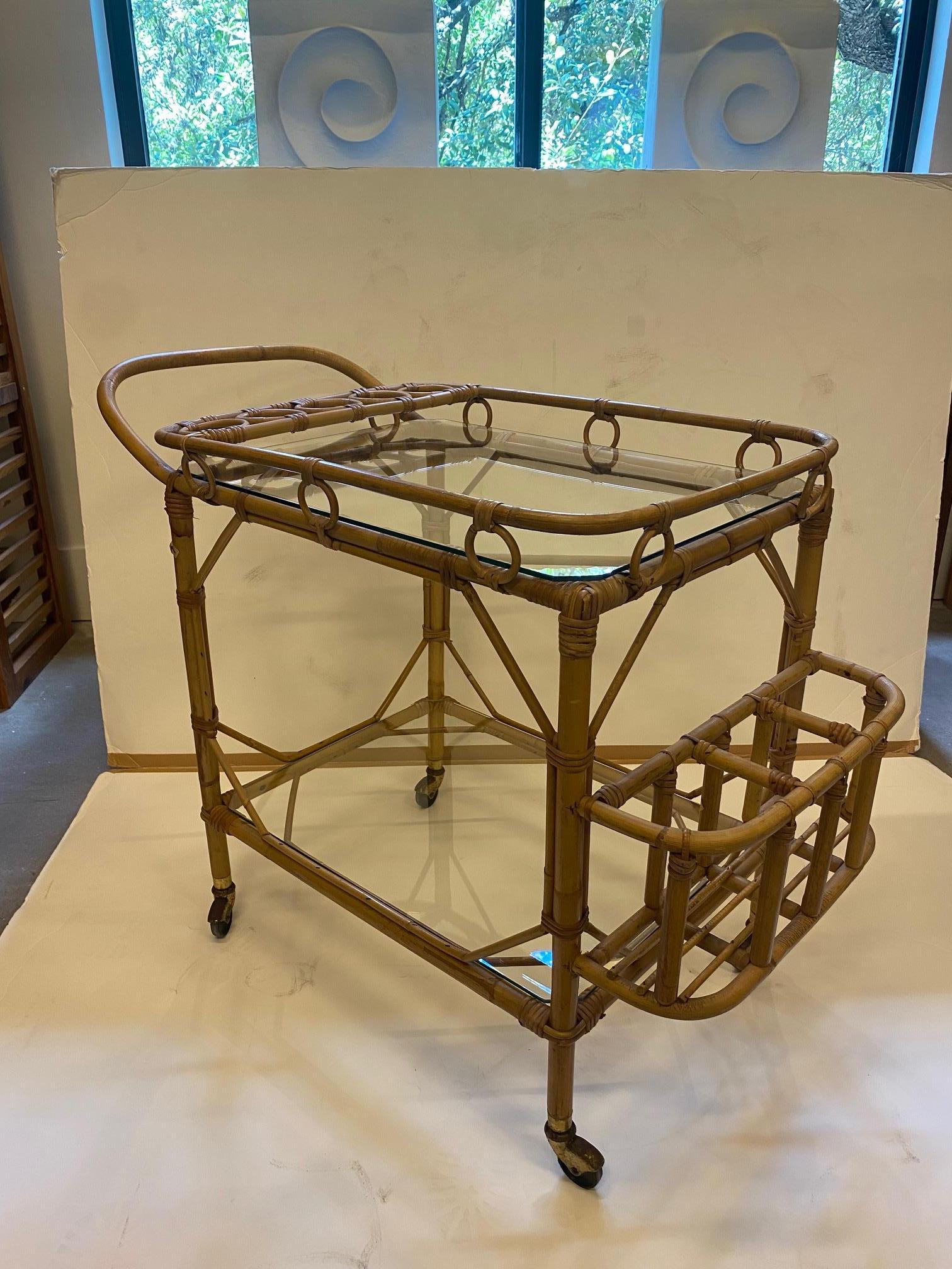 Late 20th Century Rattan Two-Tier Bar Cart, France, 1950's