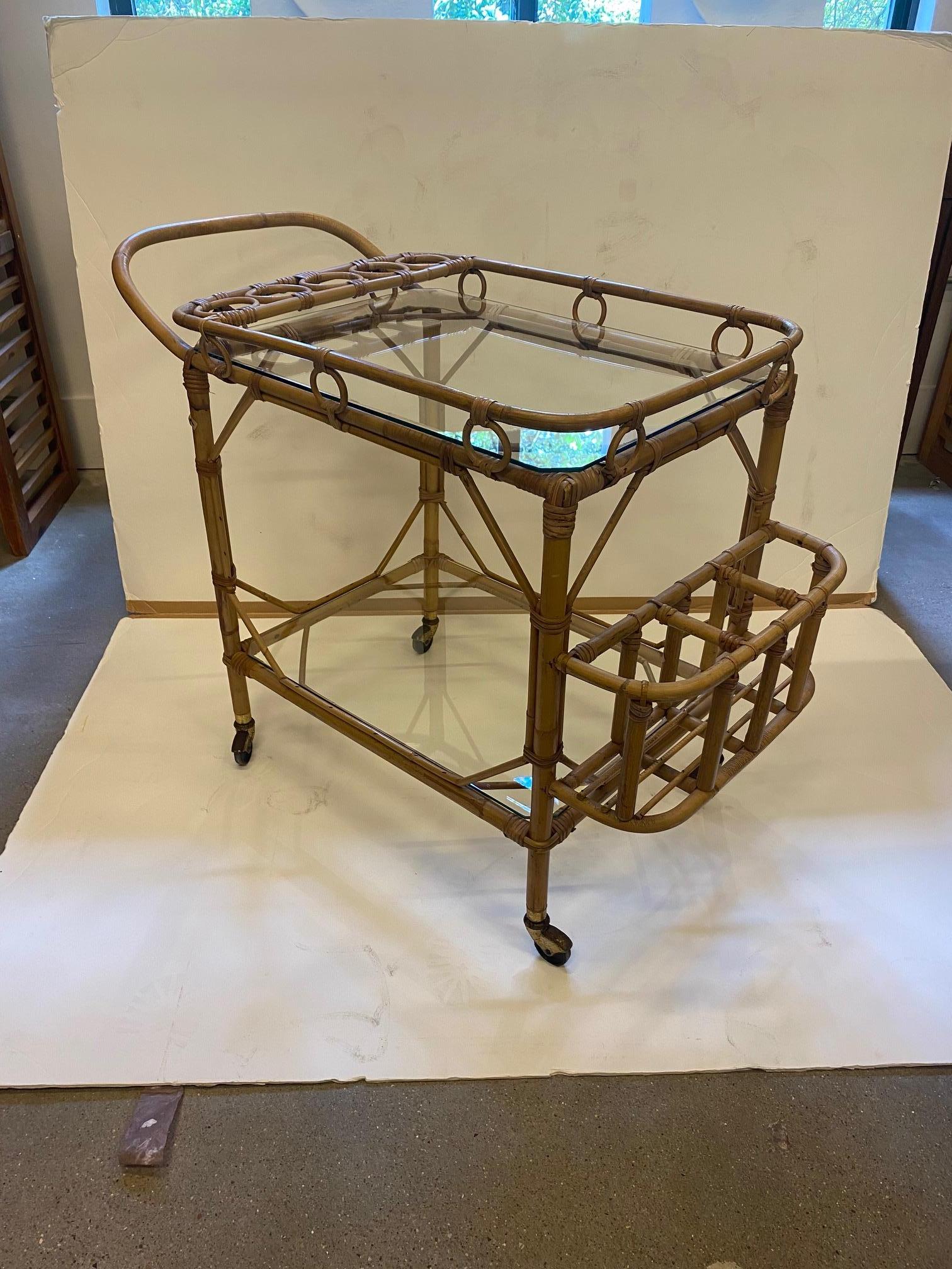 Rattan Two-Tier Bar Cart, France, 1950's 1