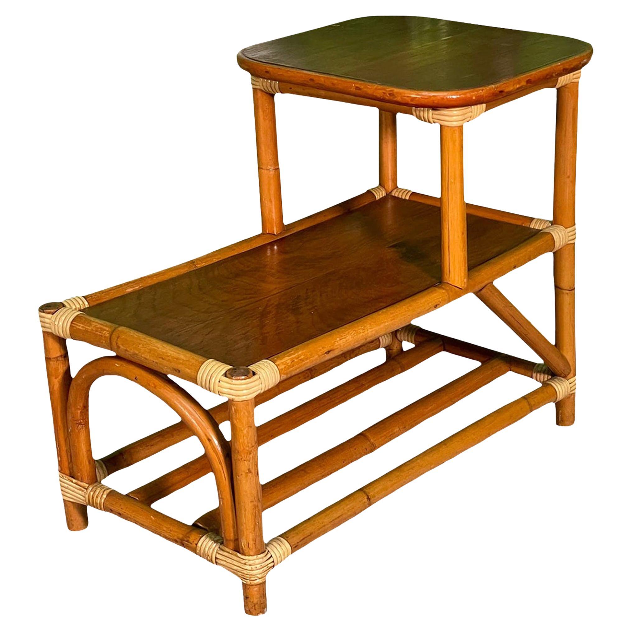 Rattan Two-Tier Side Table With Mahogany Tabletop For Sale