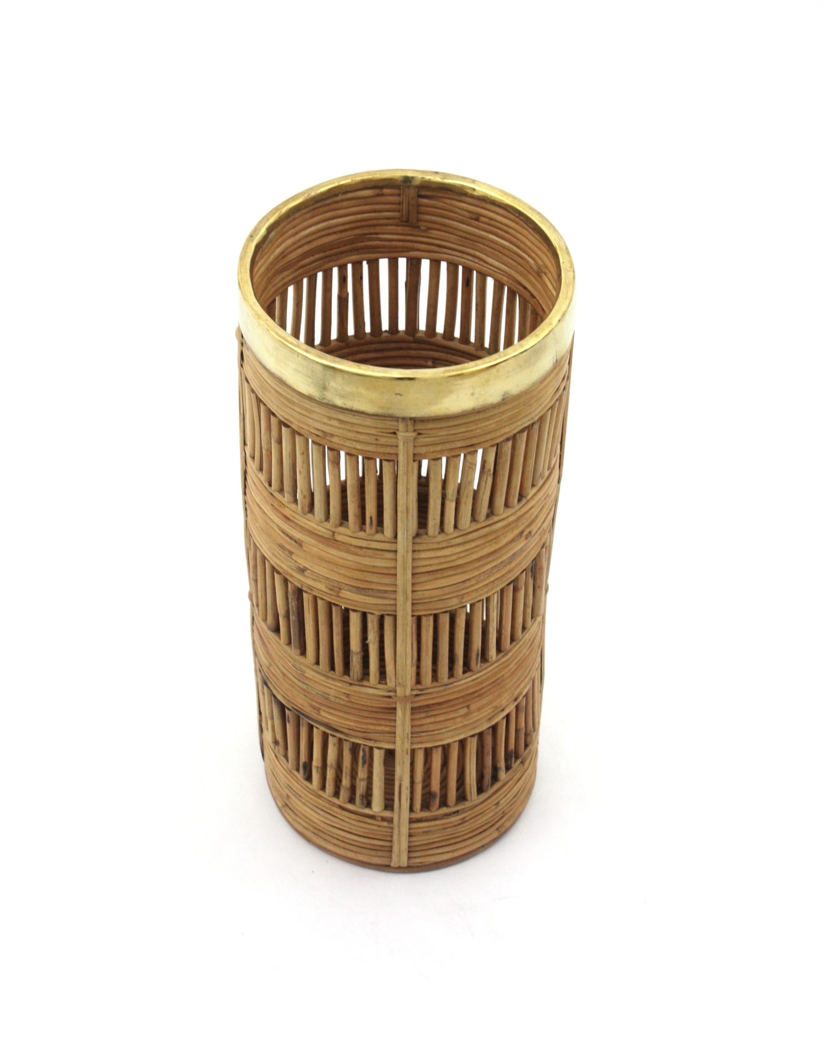 Rattan Umbrella Stand with Brass Rim, Italy, 1970s For Sale 4