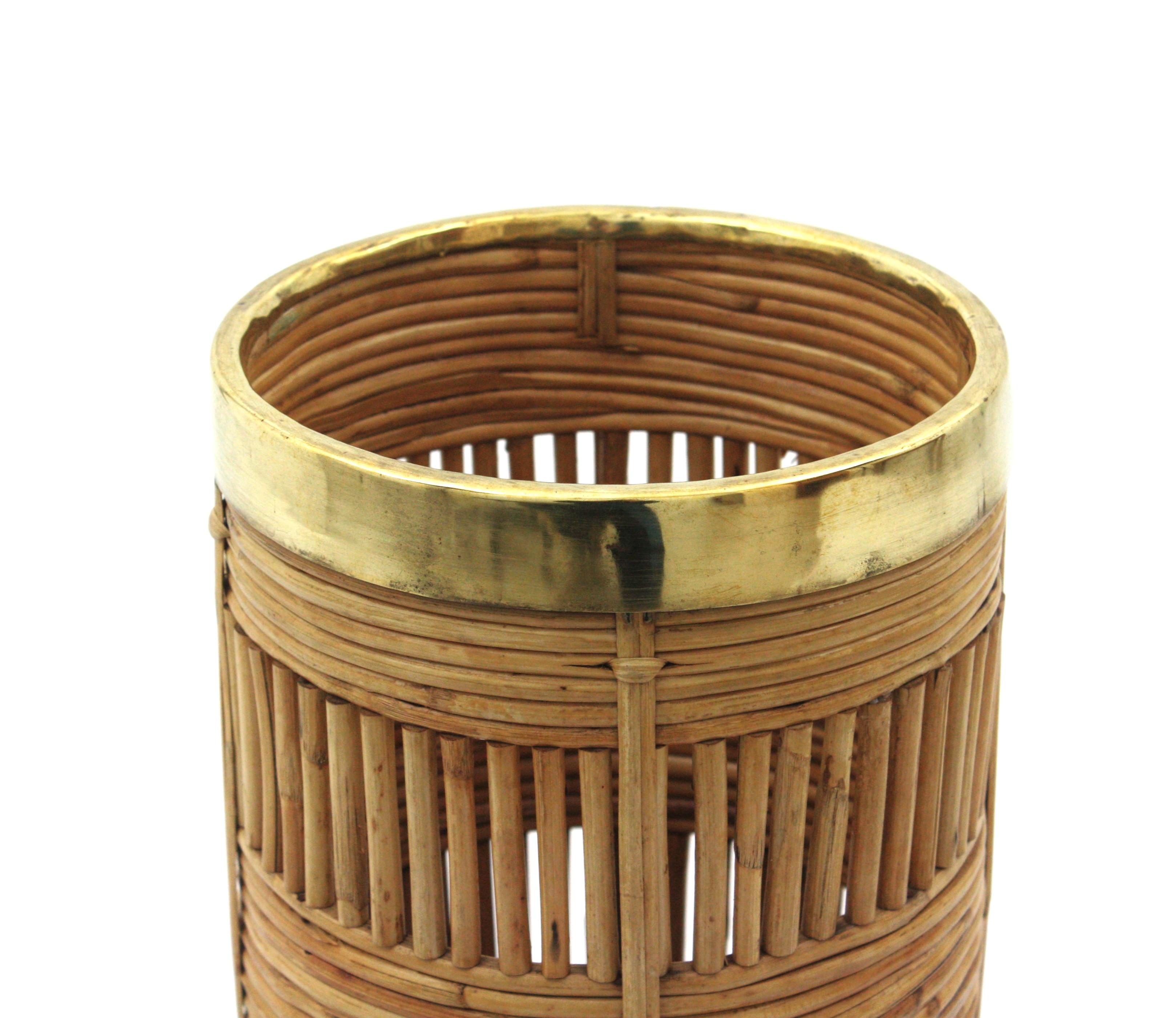 Rattan Umbrella Stand with Brass Rim, Italy, 1970s For Sale 5