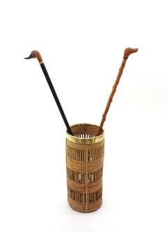 Rattan Umbrella Stand with Brass Rim, Italy 1970s
