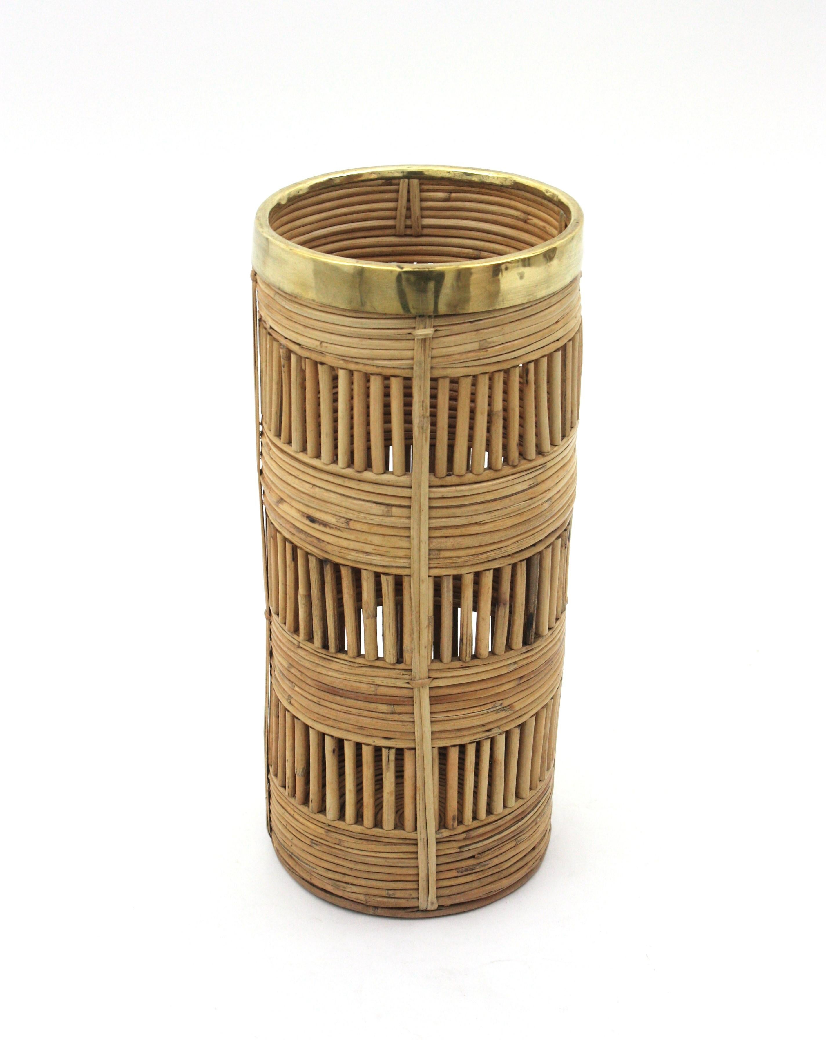 Mid-Century Modern Rattan Umbrella Stand with Brass Rim, Italy, 1970s For Sale