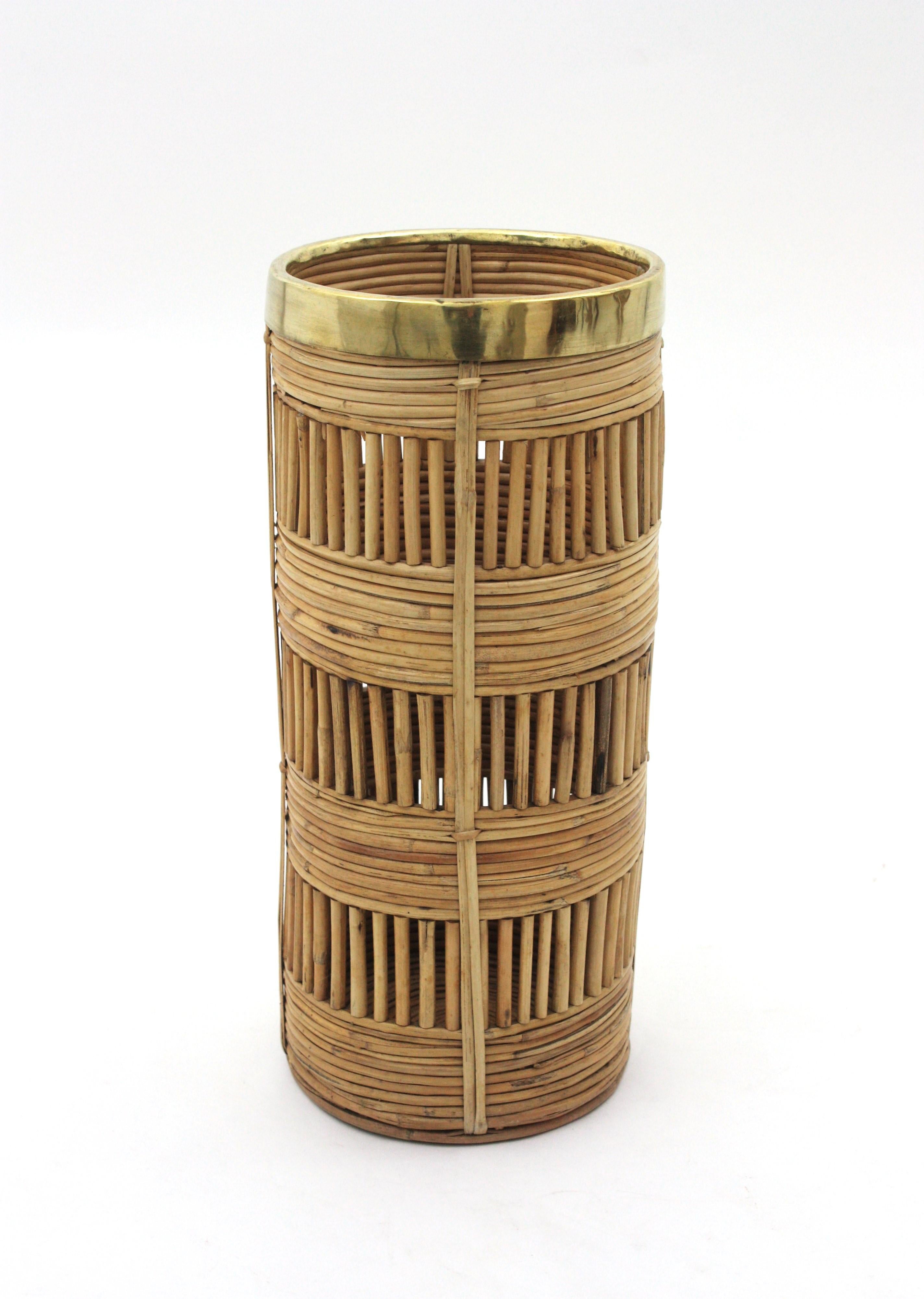 20th Century Rattan Umbrella Stand with Brass Rim, Italy, 1970s For Sale