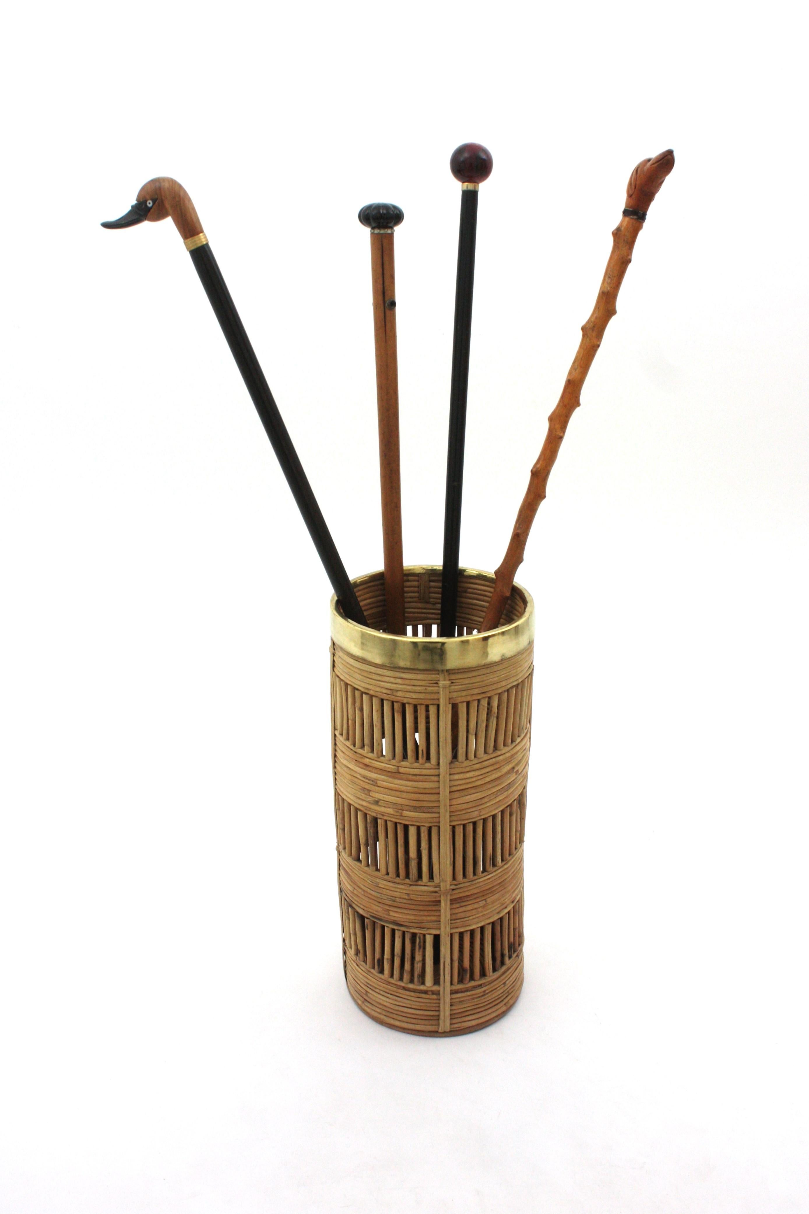 Rattan Umbrella Stand with Brass Rim, Italy, 1970s For Sale 1