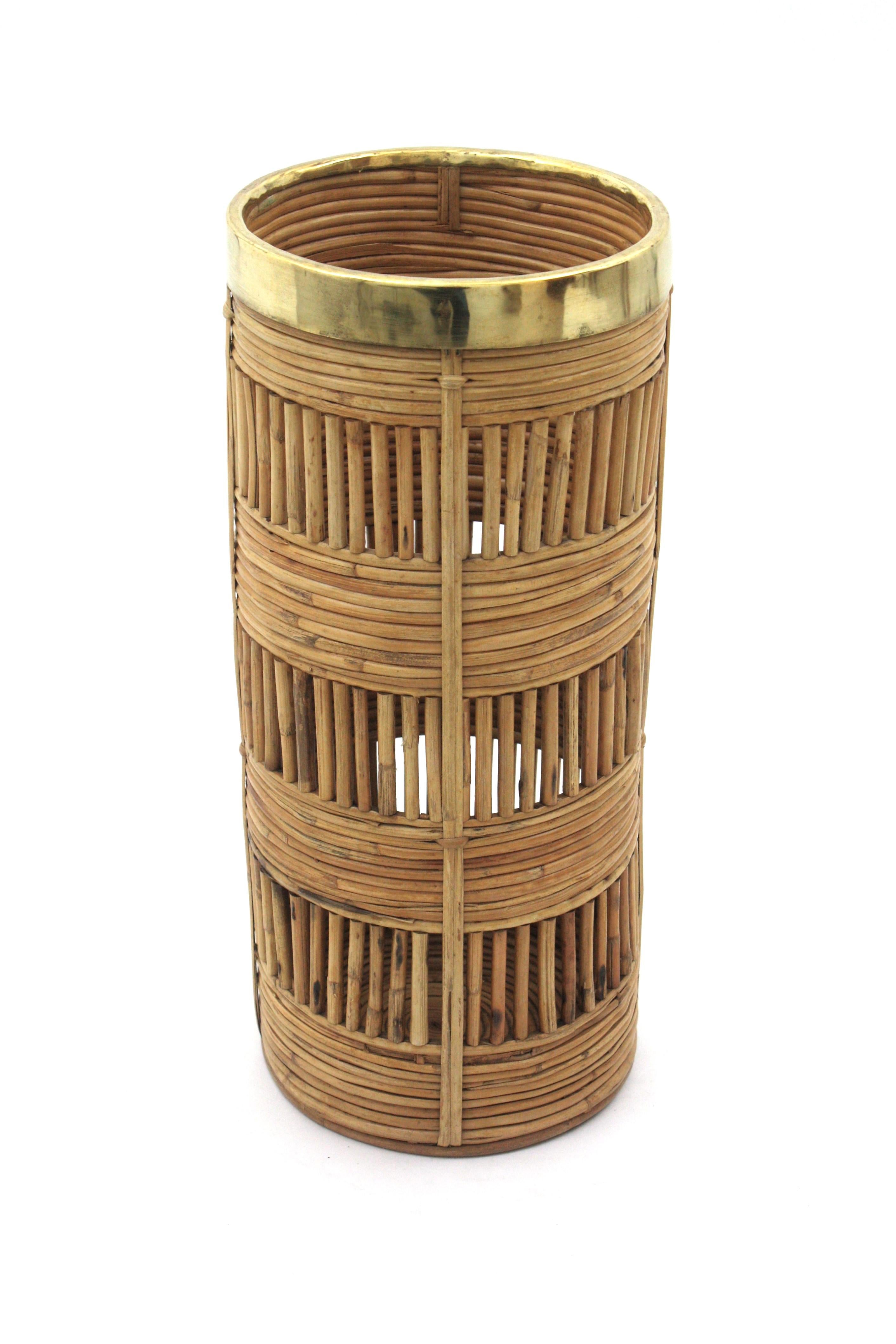 Rattan Umbrella Stand with Brass Rim, Italy, 1970s For Sale 2