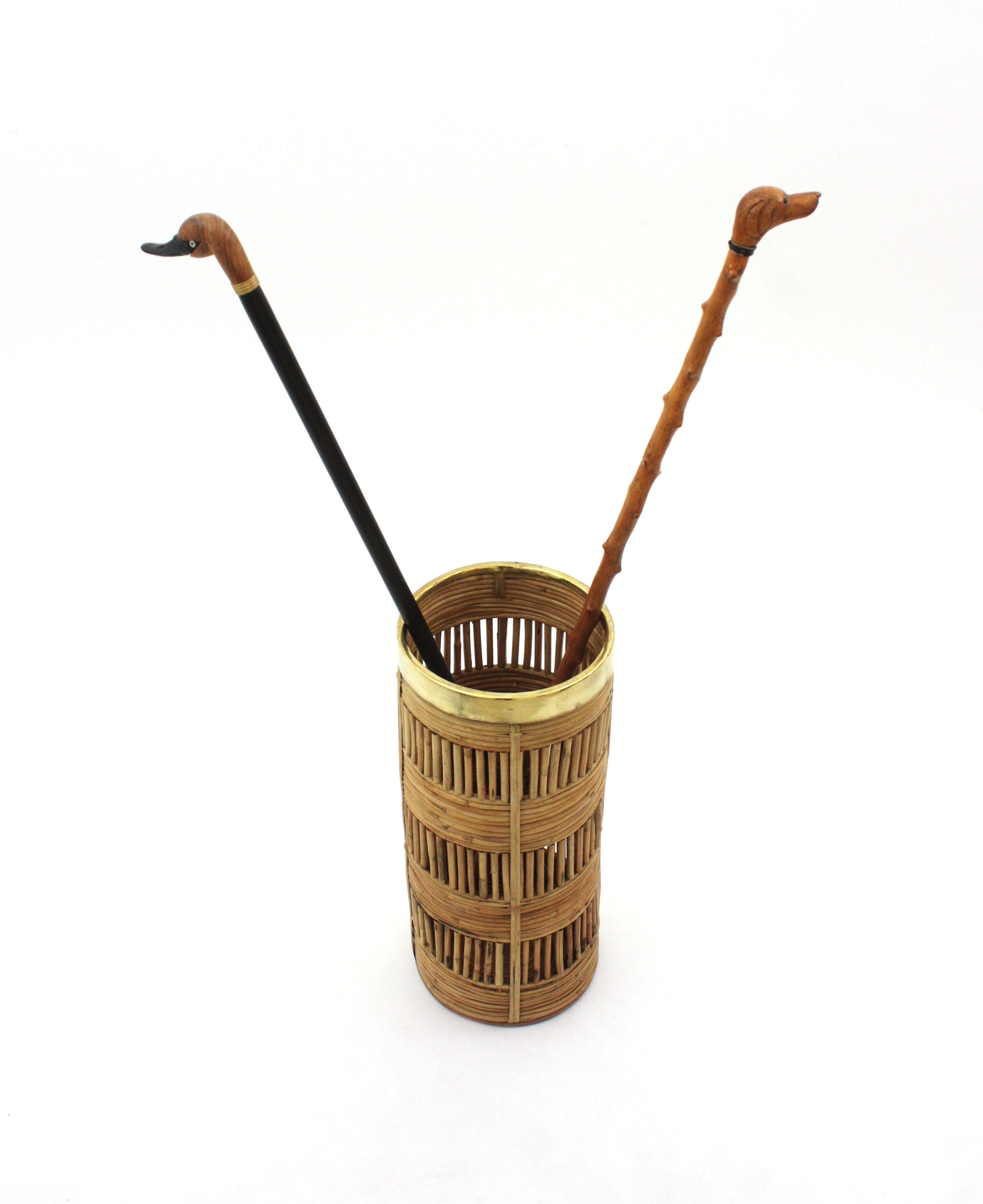 Rattan Umbrella Stand with Brass Rim, Italy, 1970s For Sale 3