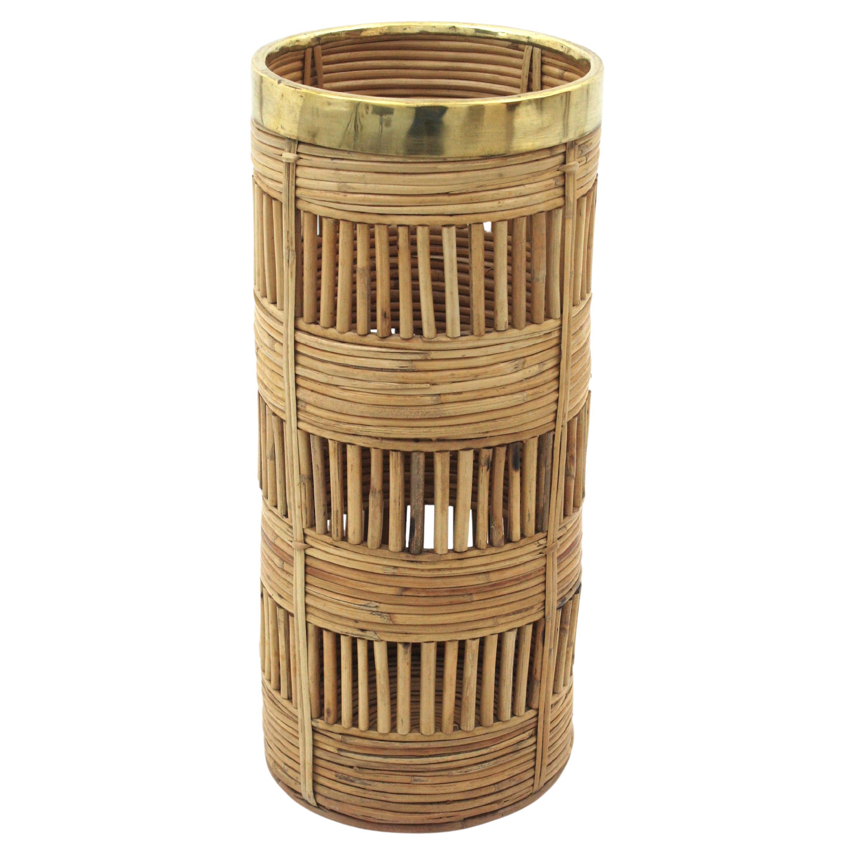 Rattan Umbrella Stand with Brass Rim, Italy, 1970s For Sale