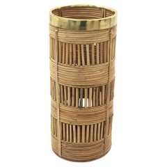 Used Rattan Umbrella Stand with Brass Rim, Italy, 1970s