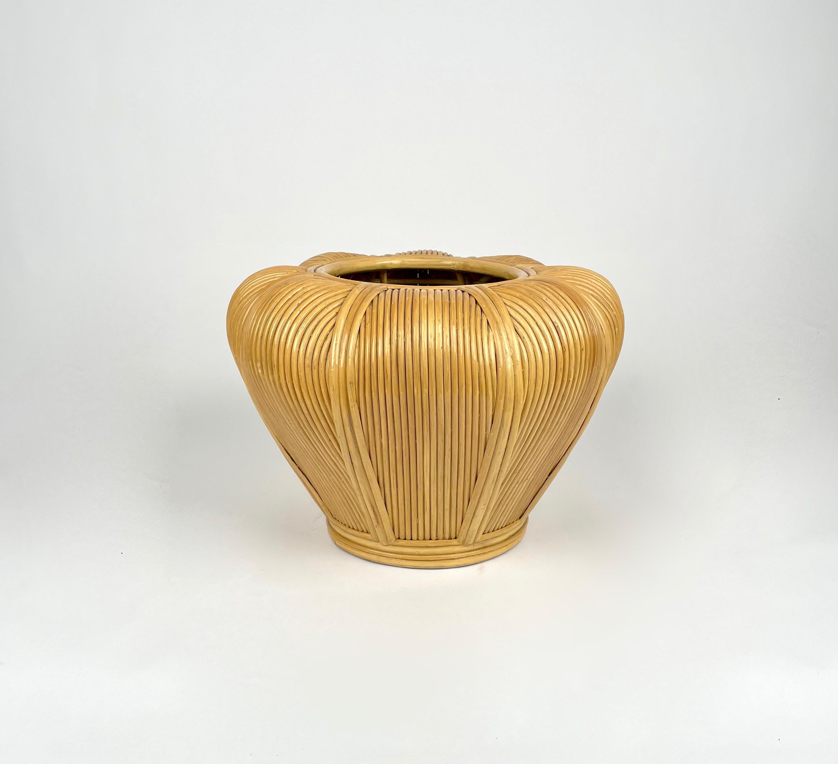 Mid-Century Modern Rattan Vase Cachepot Plant Holder Italy, 1970s For Sale