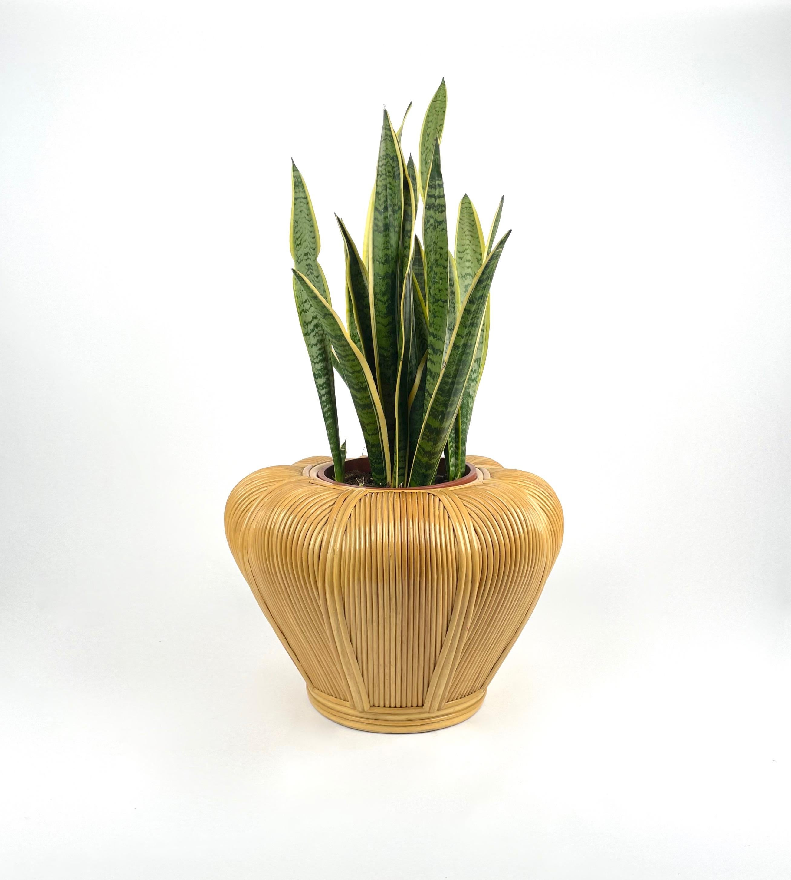 Late 20th Century Rattan Vase Cachepot Plant Holder Italy, 1970s For Sale