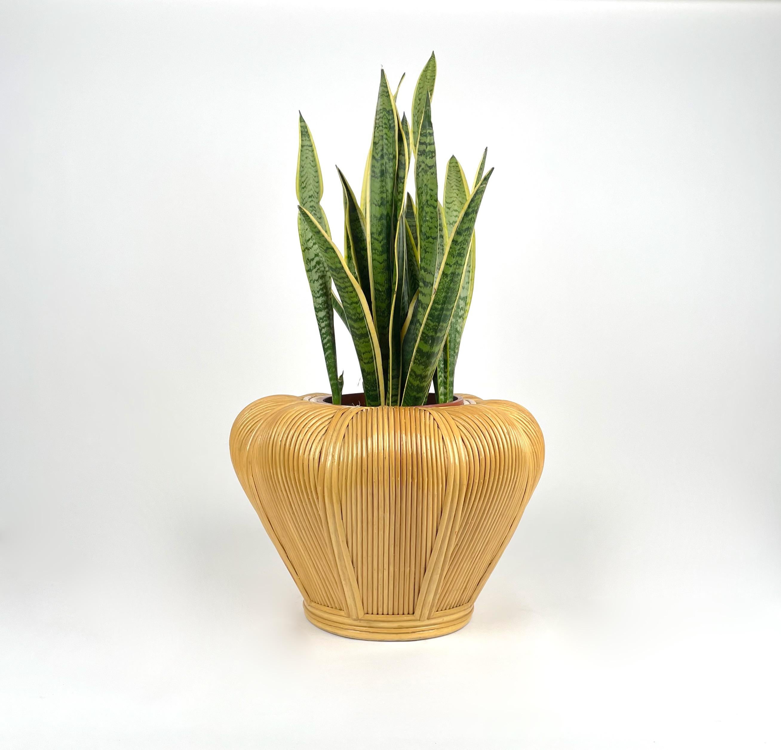 Bamboo Rattan Vase Cachepot Plant Holder Italy, 1970s For Sale