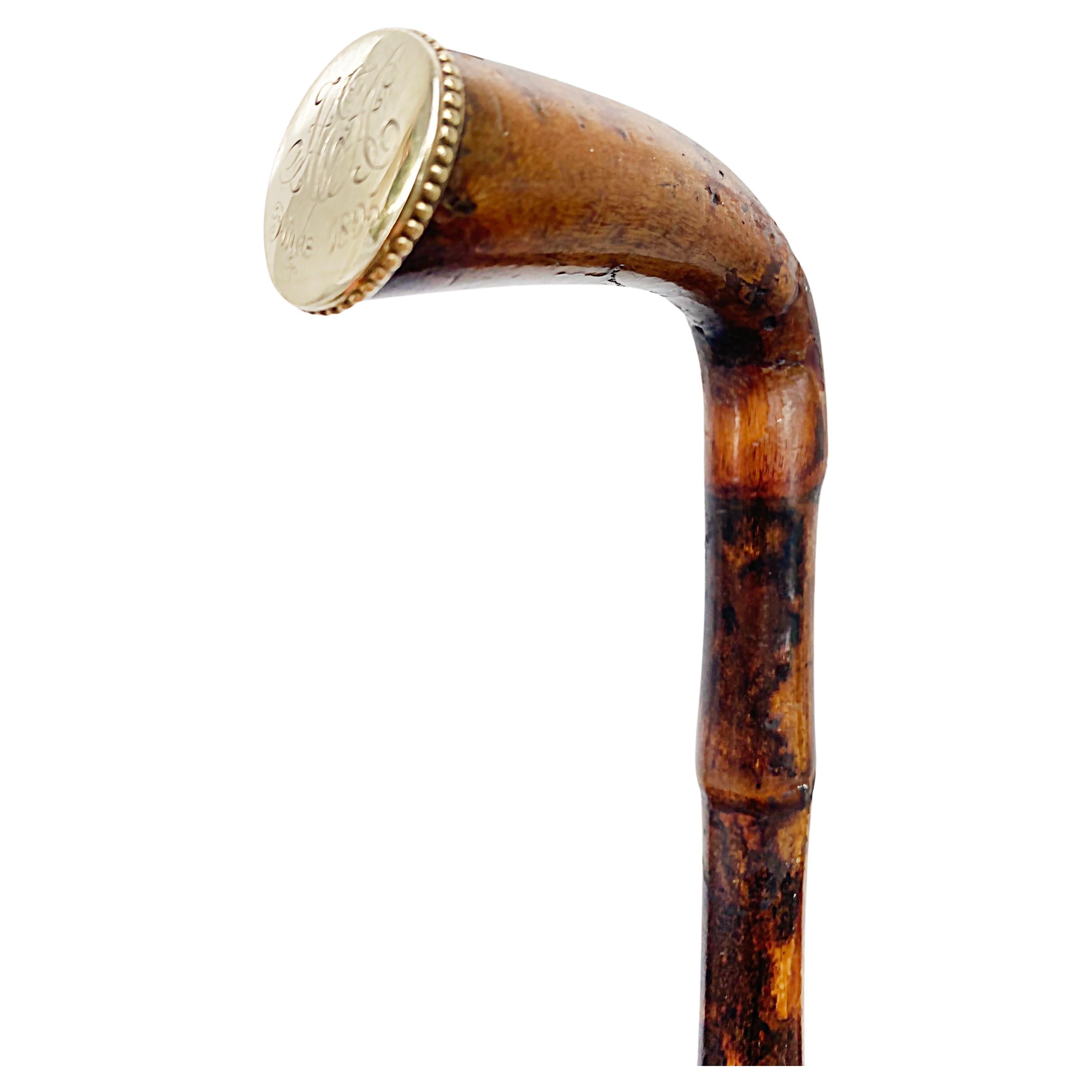 Rattan Walking Stick Gold CAP Monogrammed Christmas 1895, Bamboo