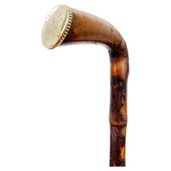 Used Rattan Walking Stick Gold CAP Monogrammed Christmas 1895, Bamboo