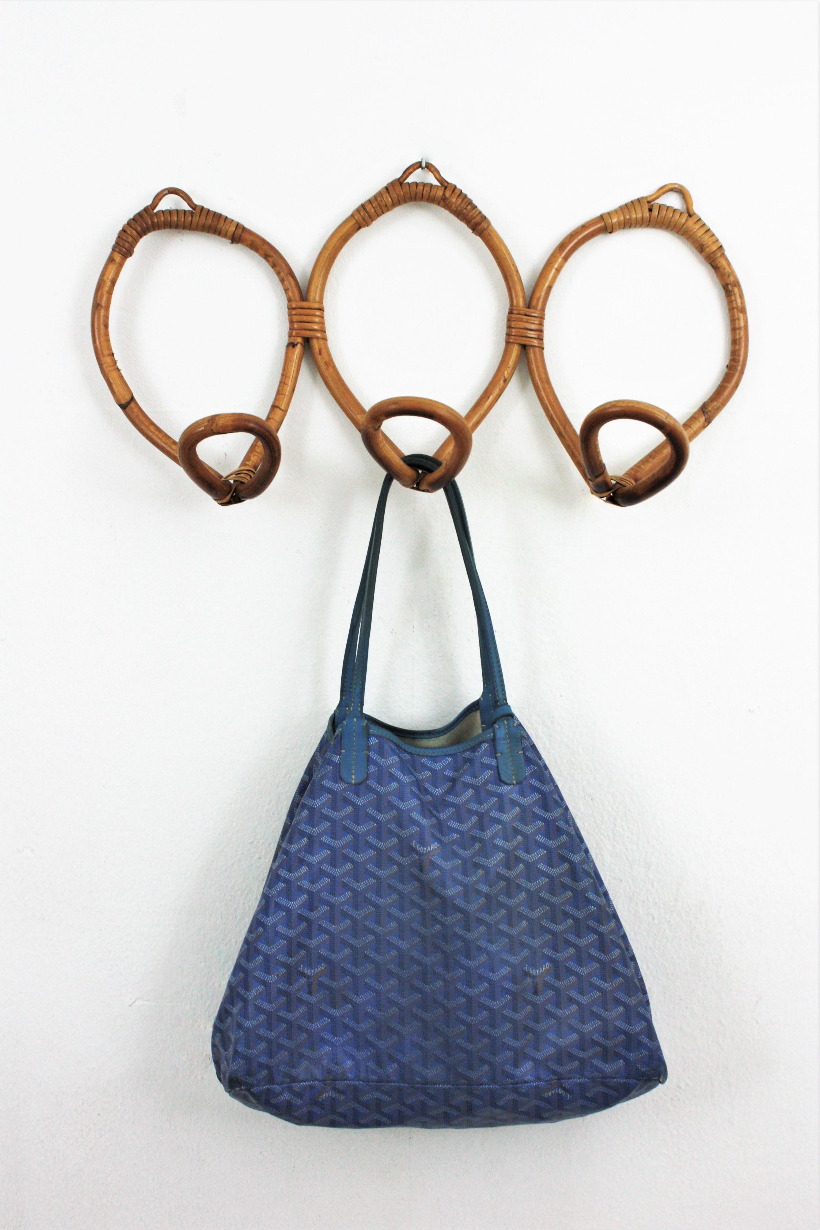 Mid-Century Modern Italian Rattan Wall Coat Rack, 1960s For Sale