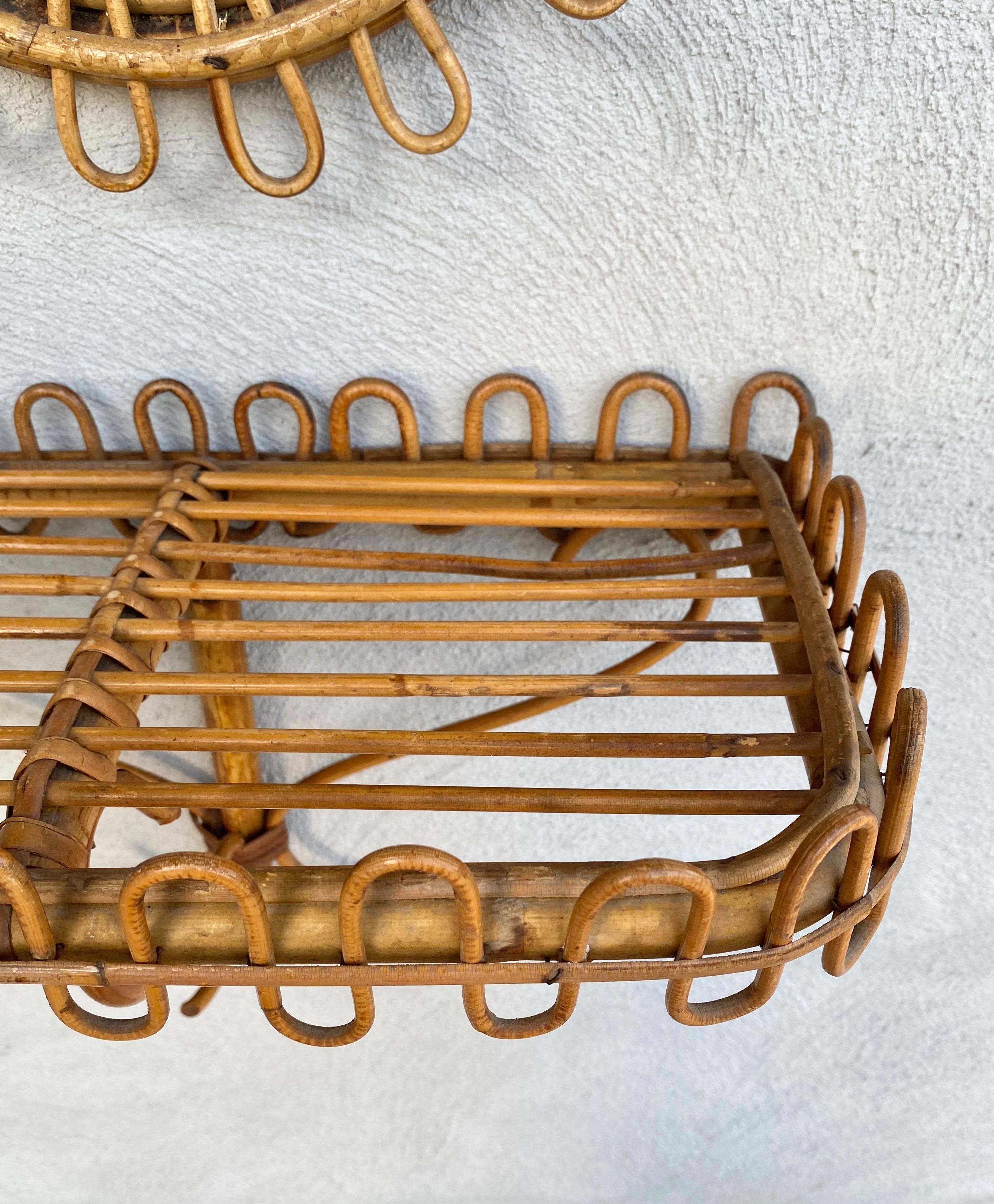 Rattan Wall Mirror and Bedside Tables/ Wall-Mounted Shelf Franco Albini, 1960s 3