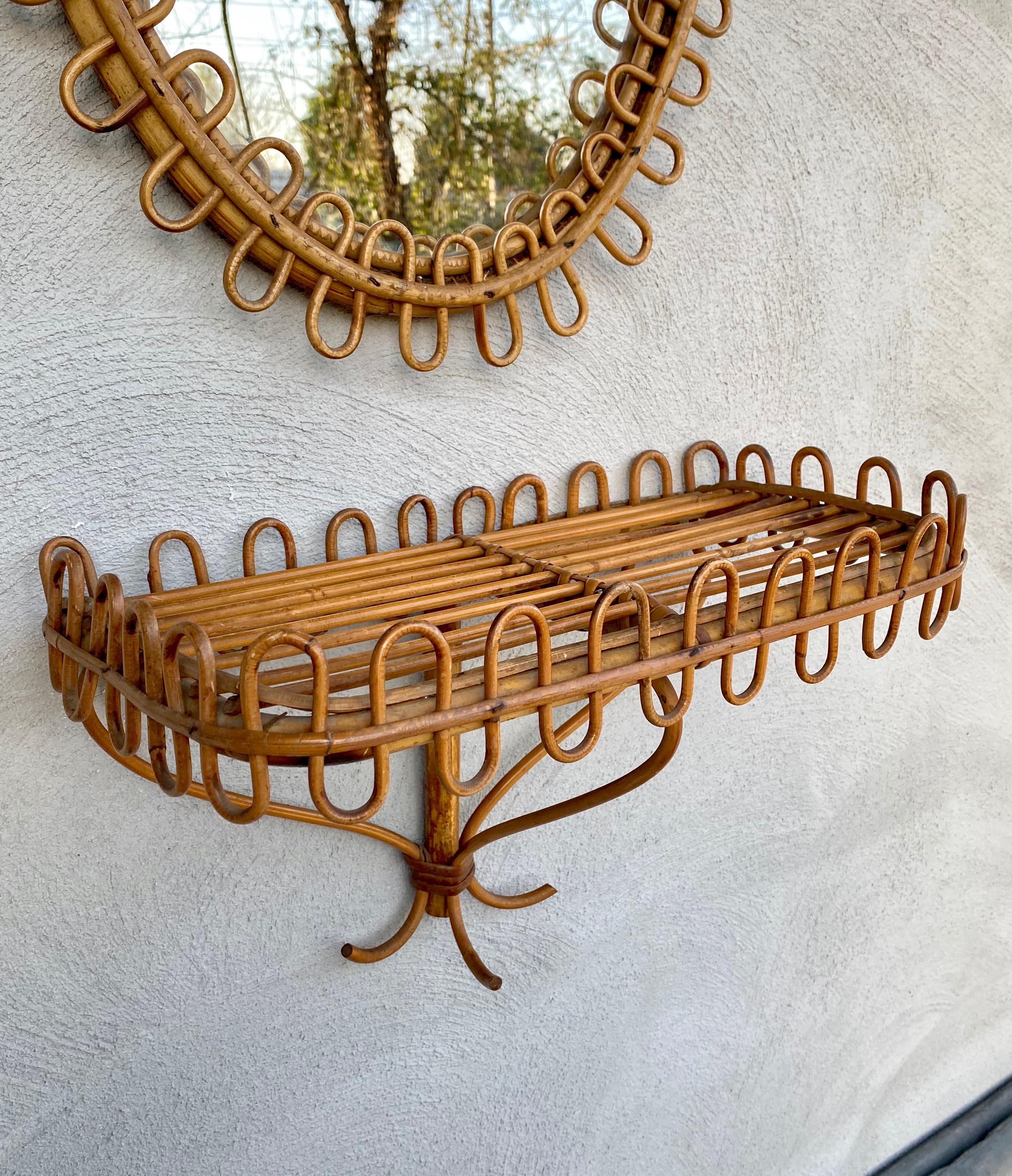 Mid-Century Modern Rattan Wall Mirror and Bedside Tables/ Wall-Mounted Shelf Franco Albini, 1960s