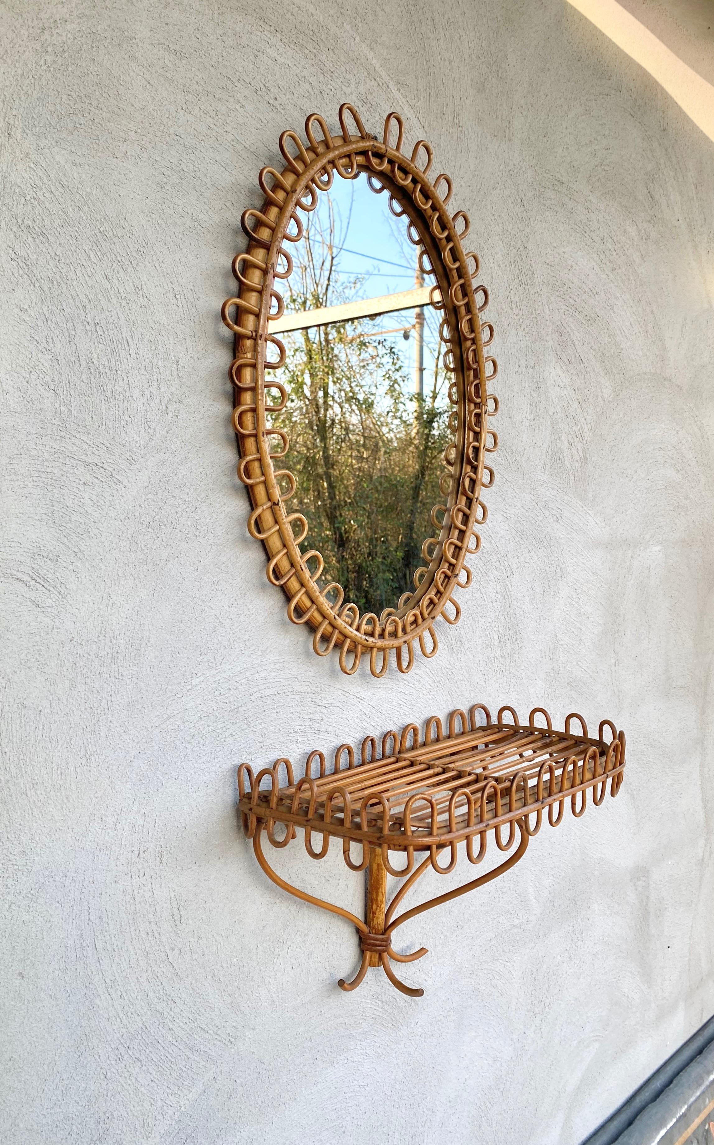 Rattan Wall Mirror and Bedside Tables/ Wall-Mounted Shelf Franco Albini, 1960s In Good Condition In Rome, IT