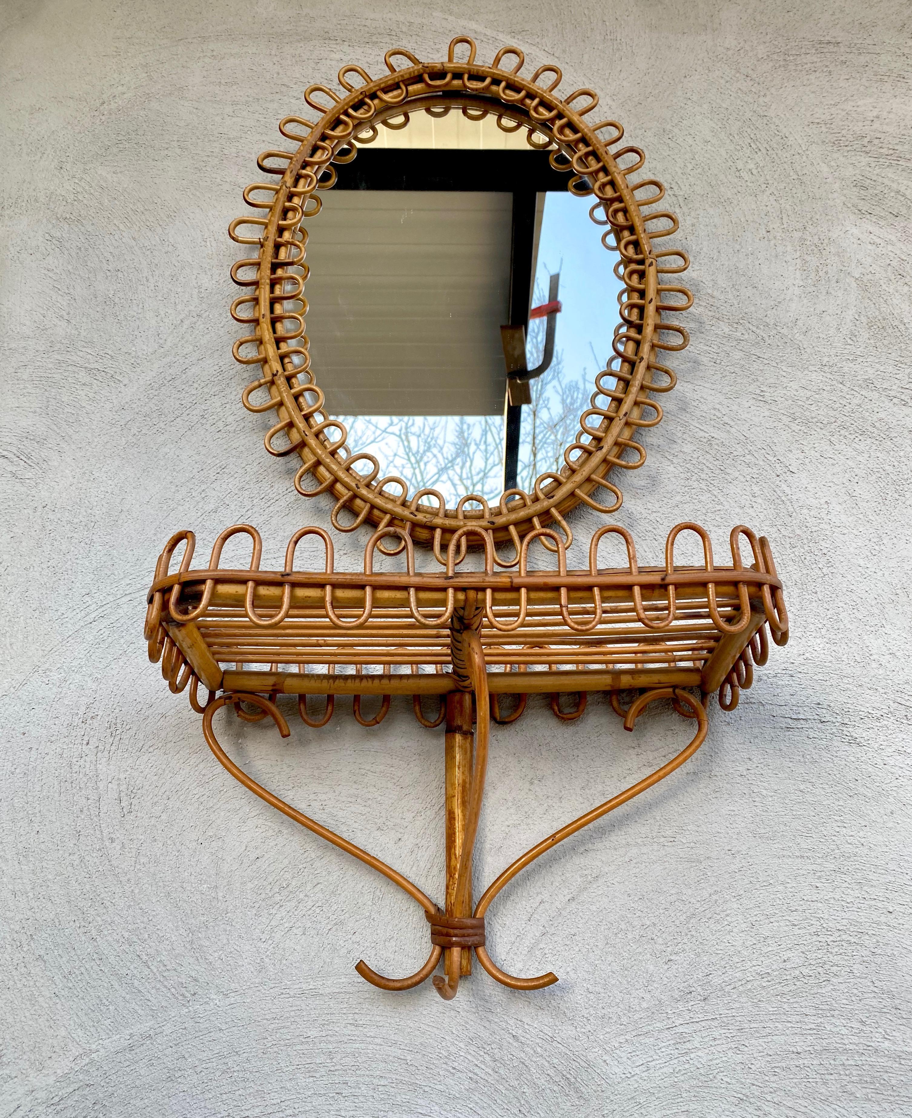 Mid-20th Century Rattan Wall Mirror and Bedside Tables/ Wall-Mounted Shelf Franco Albini, 1960s
