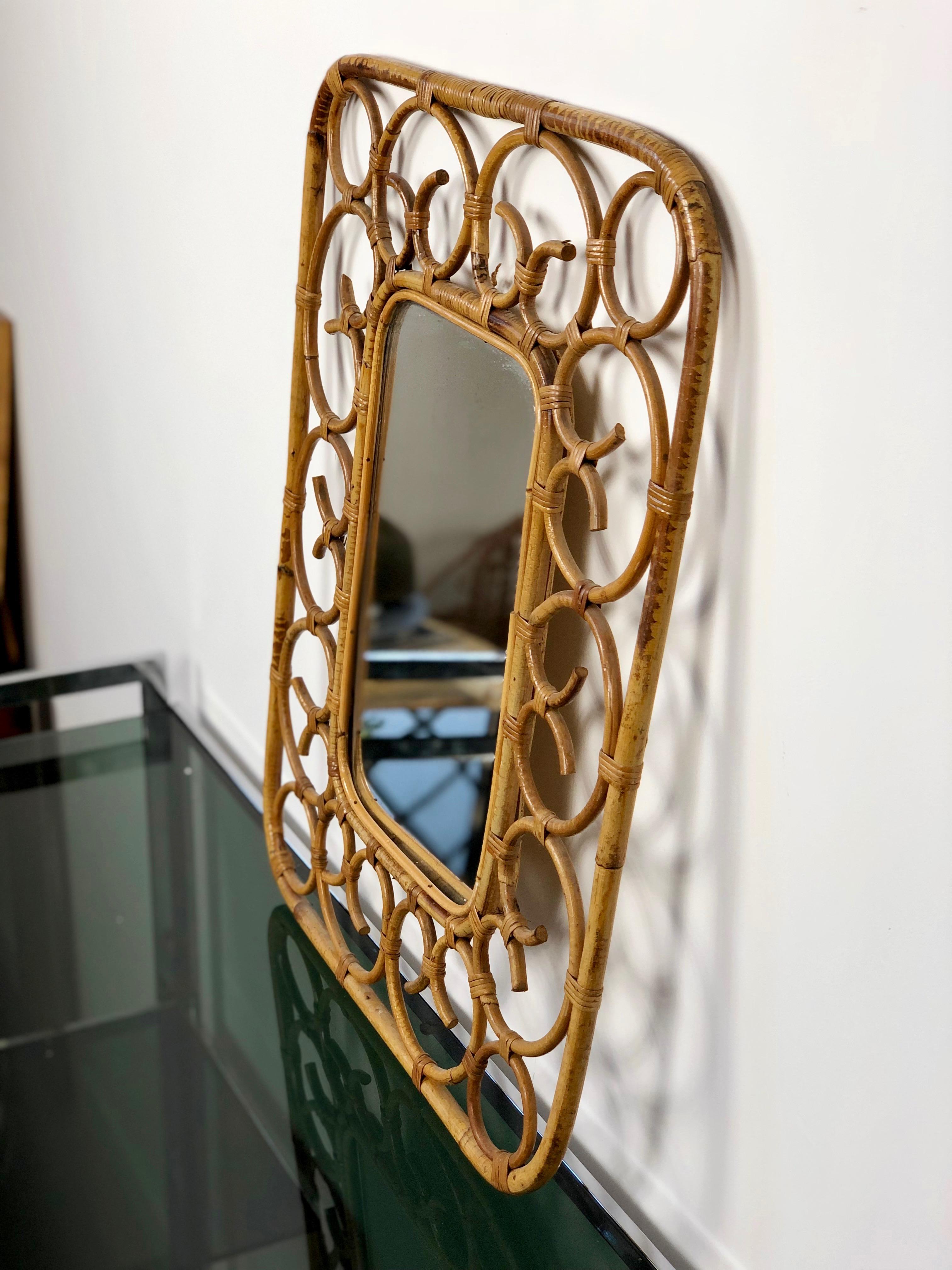 Mid-Century Modern Rattan Wall Mirror in Franco Albini Style, Italy, 1960s