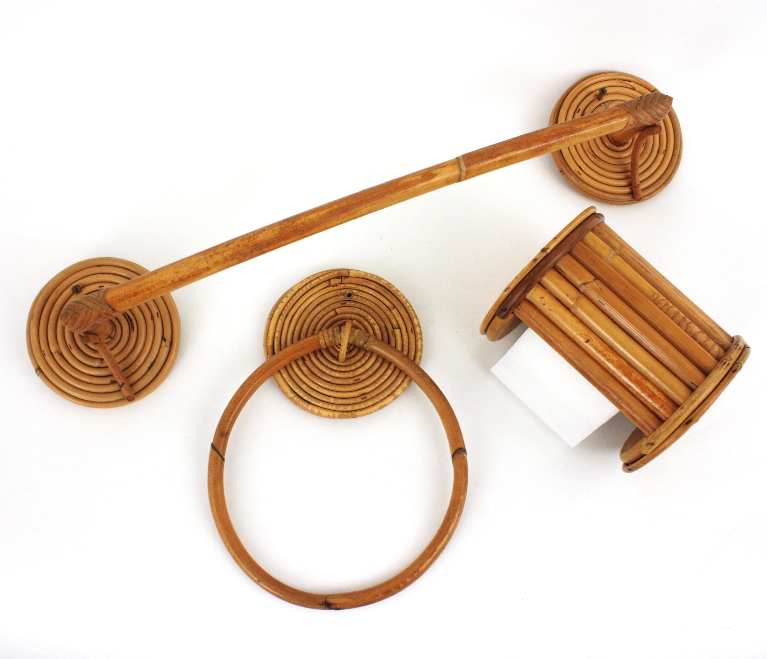Rattan Wall Mounted Bathroom Accessories Set, 1950s For Sale 9