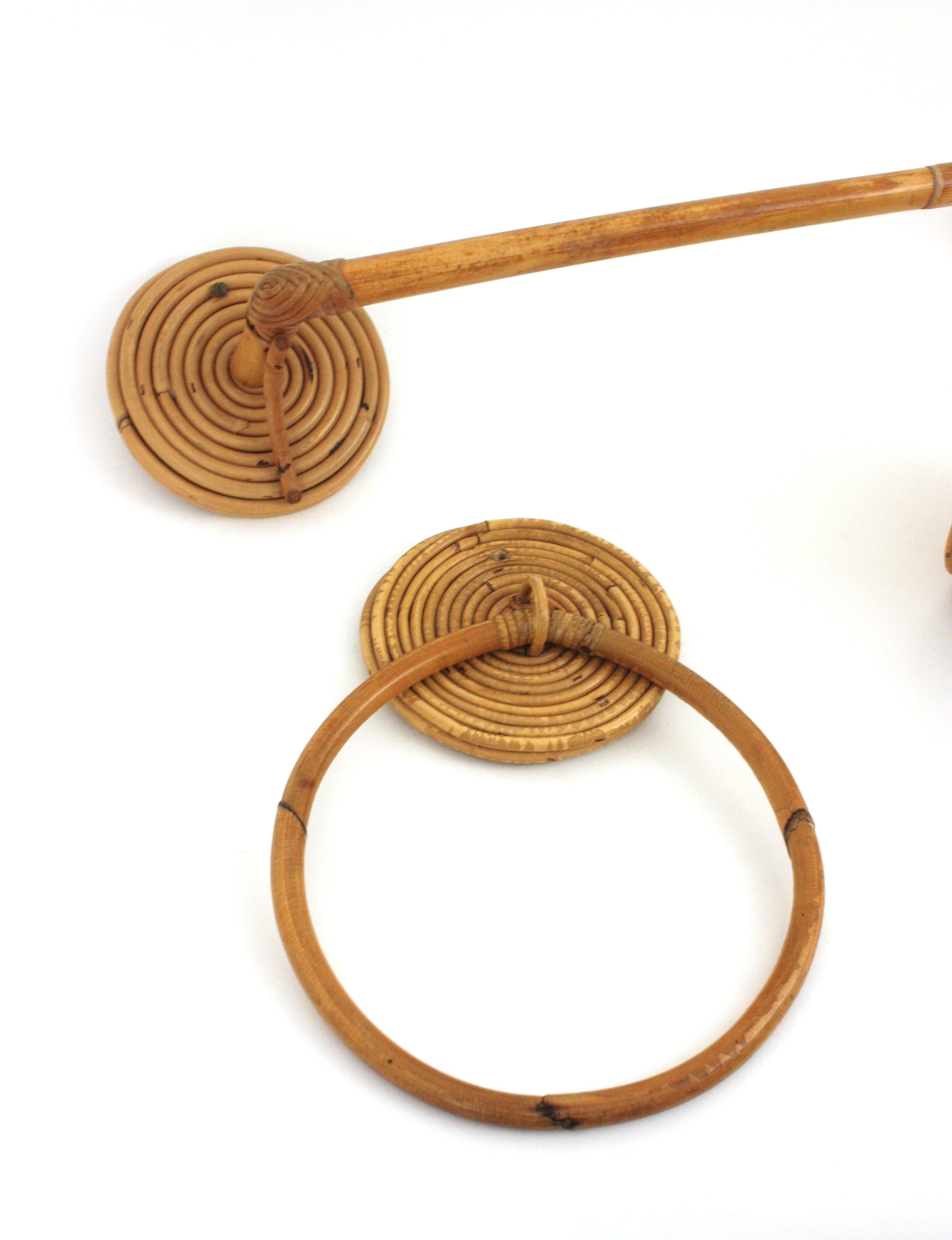 Mid-Century Modern Rattan Wall Mounted Bathroom Accessories Set, 1950s For Sale