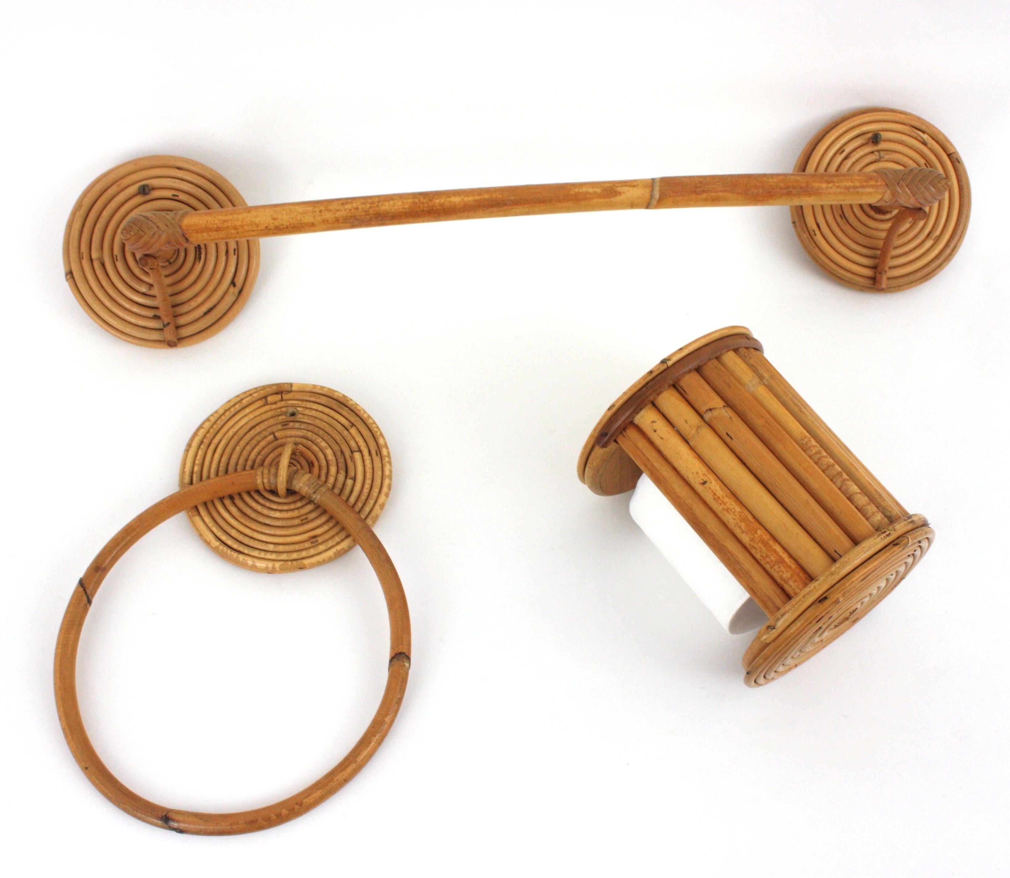 Hand-Crafted Rattan Wall Mounted Bathroom Accessories Set, 1950s For Sale