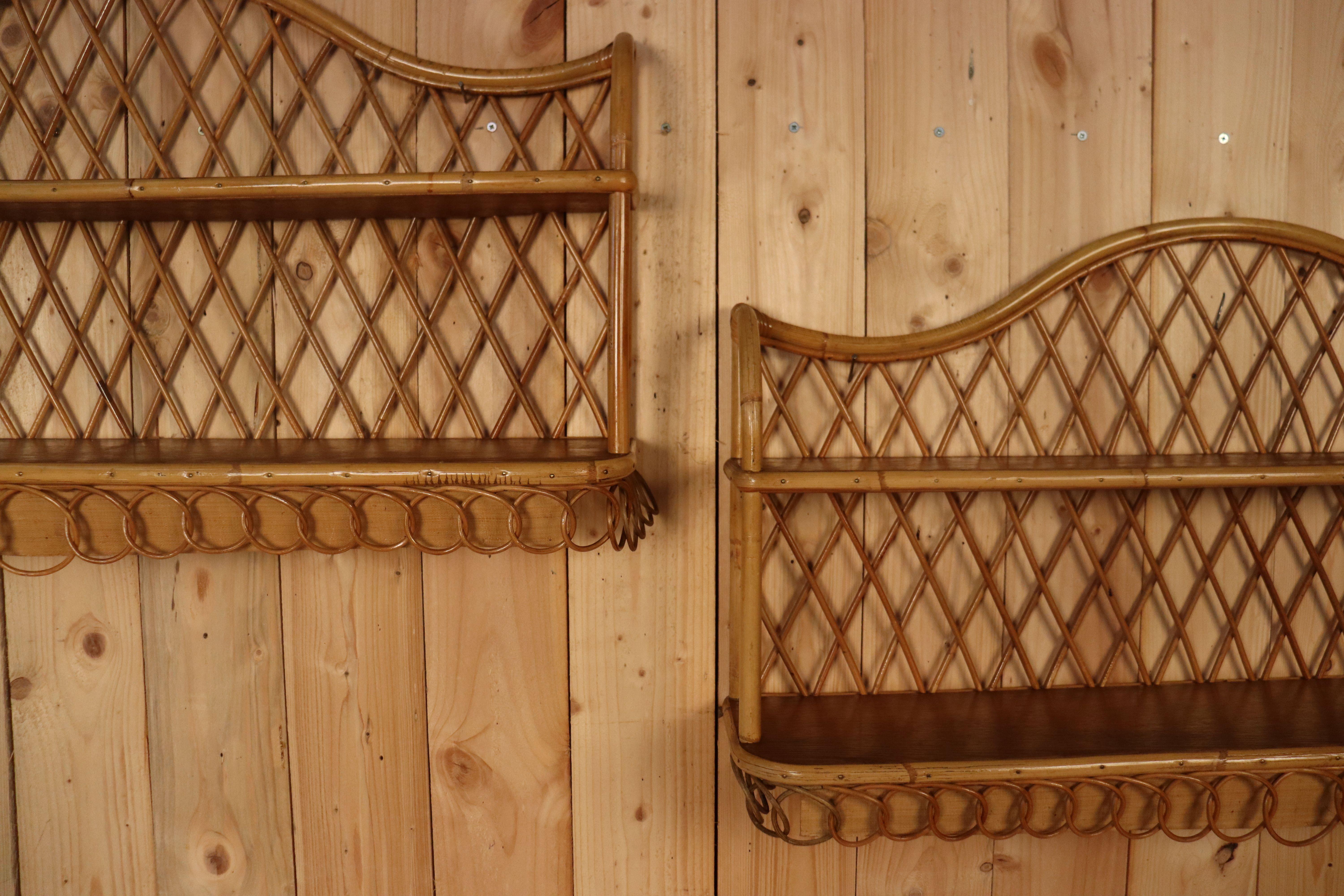 French Rattan Wall Shelves by Adrien Audoux & Frida Minet, 1960, Set of 2 For Sale