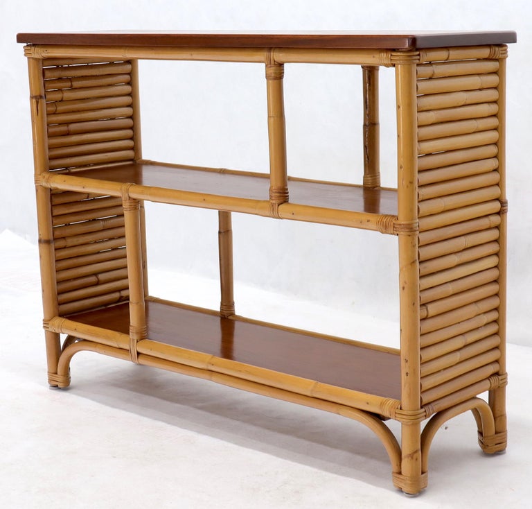 Rattan and Walnut MidCentury Modern Console Table Shelf Bookcase at