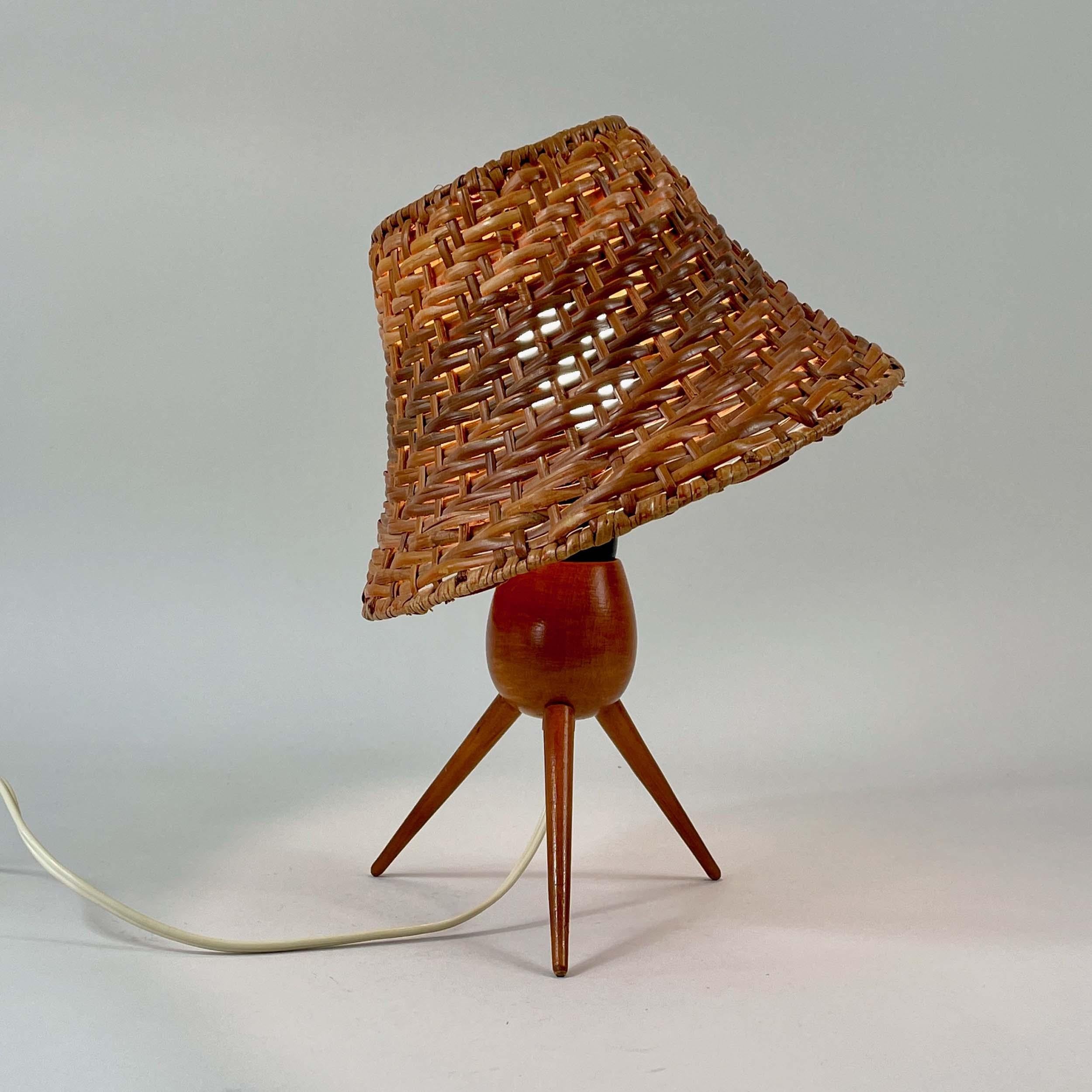 Rattan Wicker and Birch Tripod Table Lamp, Austria 1950s For Sale 4