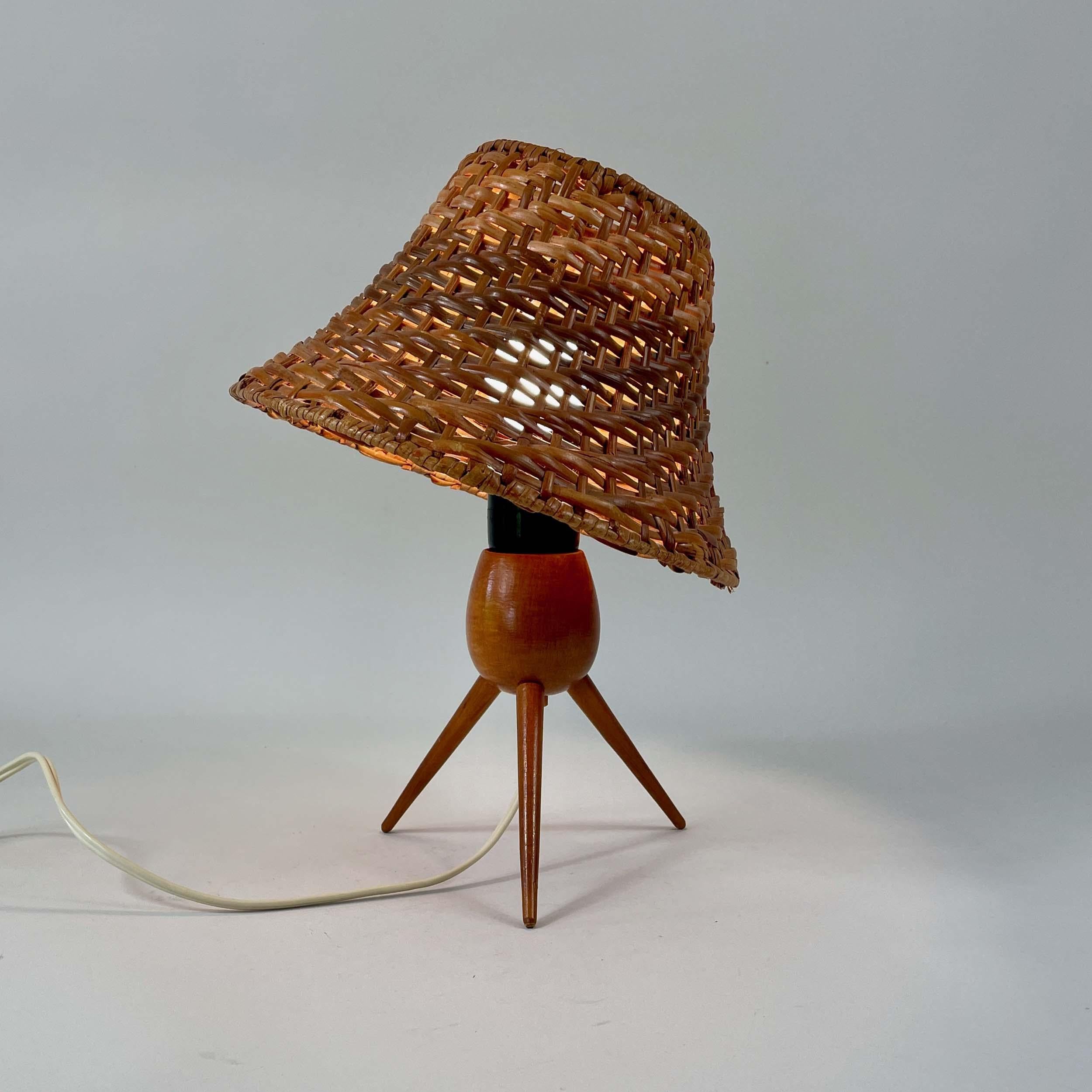 Rattan Wicker and Birch Tripod Table Lamp, Austria 1950s For Sale 7