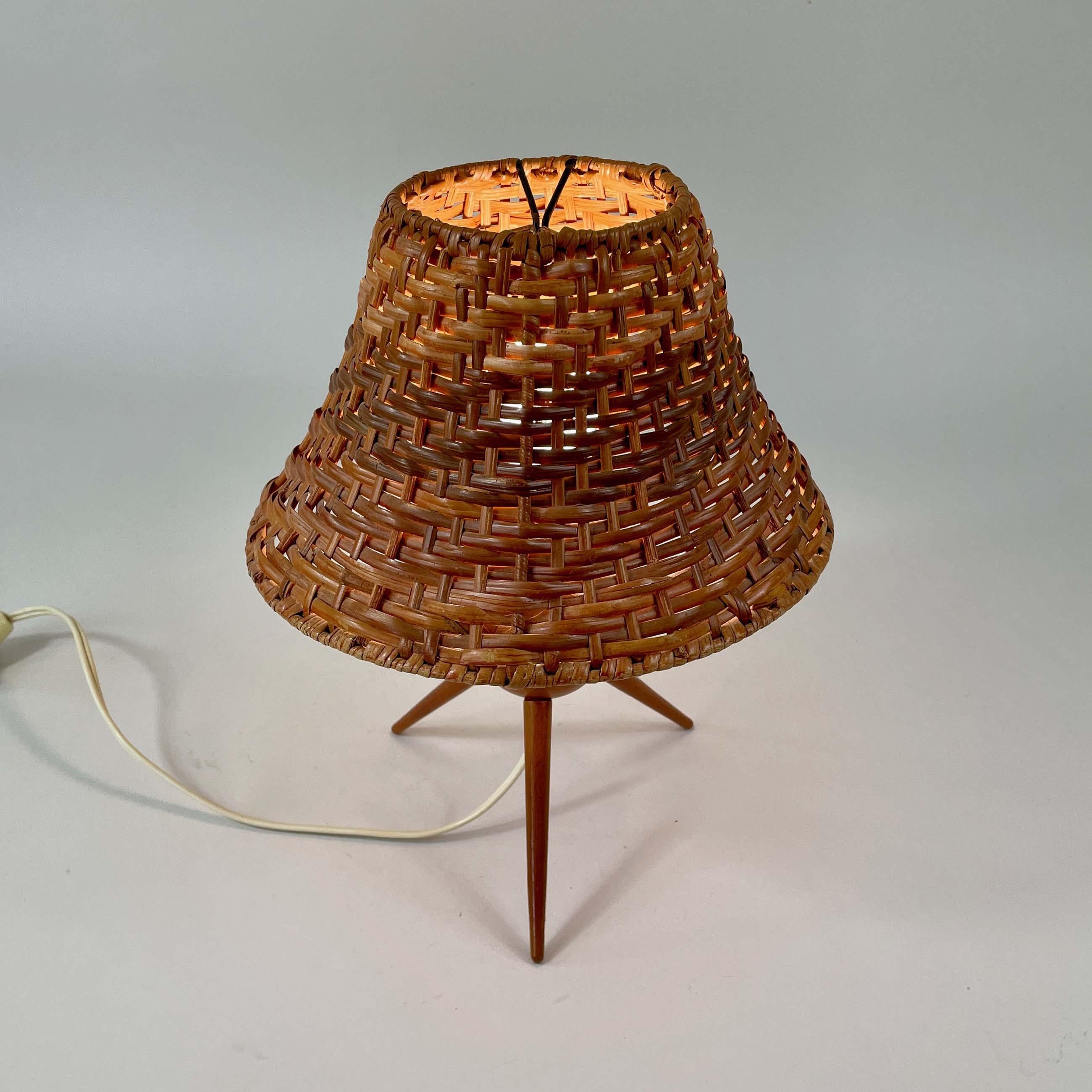 Austrian Rattan Wicker and Birch Tripod Table Lamp, Austria 1950s For Sale