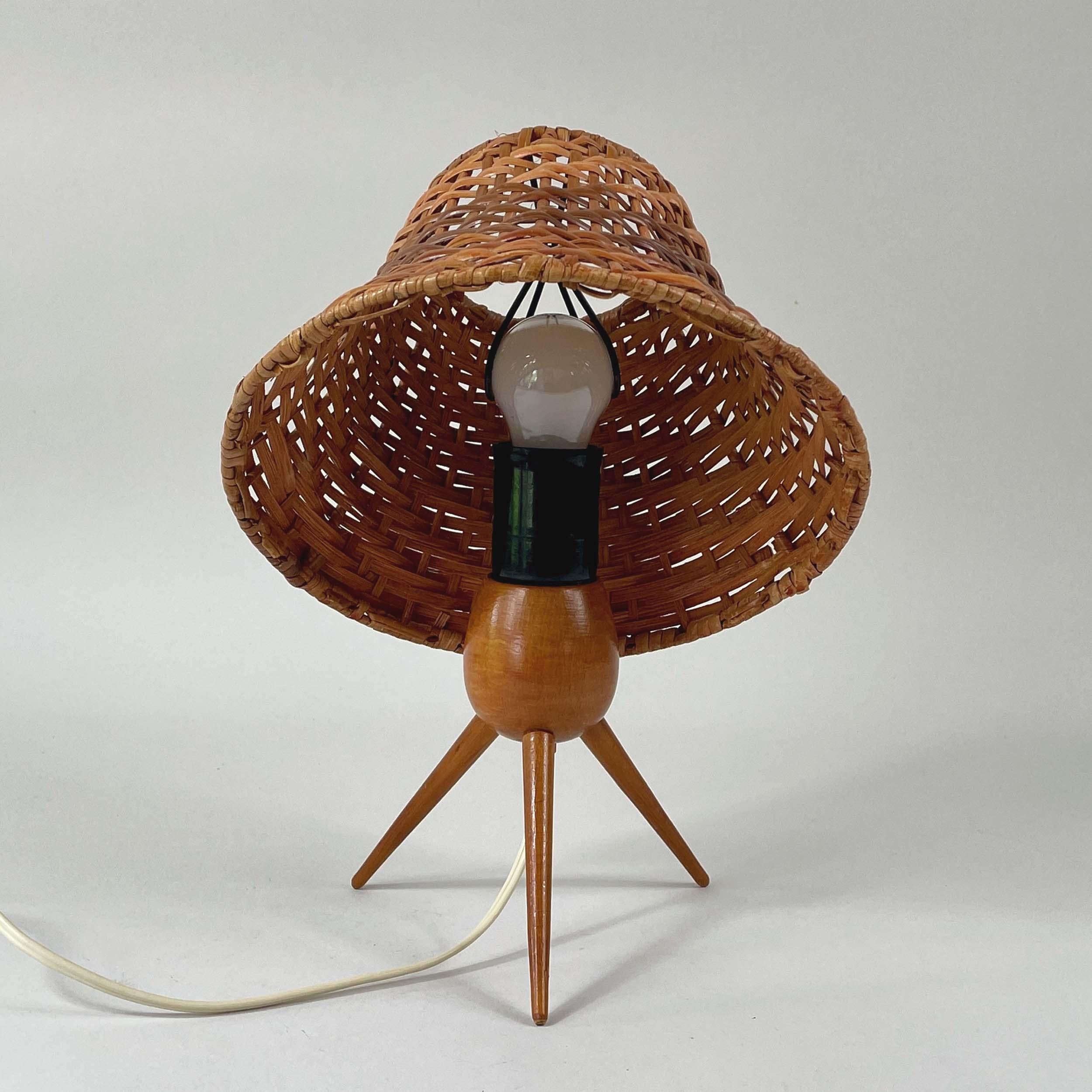 Mid-20th Century Rattan Wicker and Birch Tripod Table Lamp, Austria 1950s For Sale