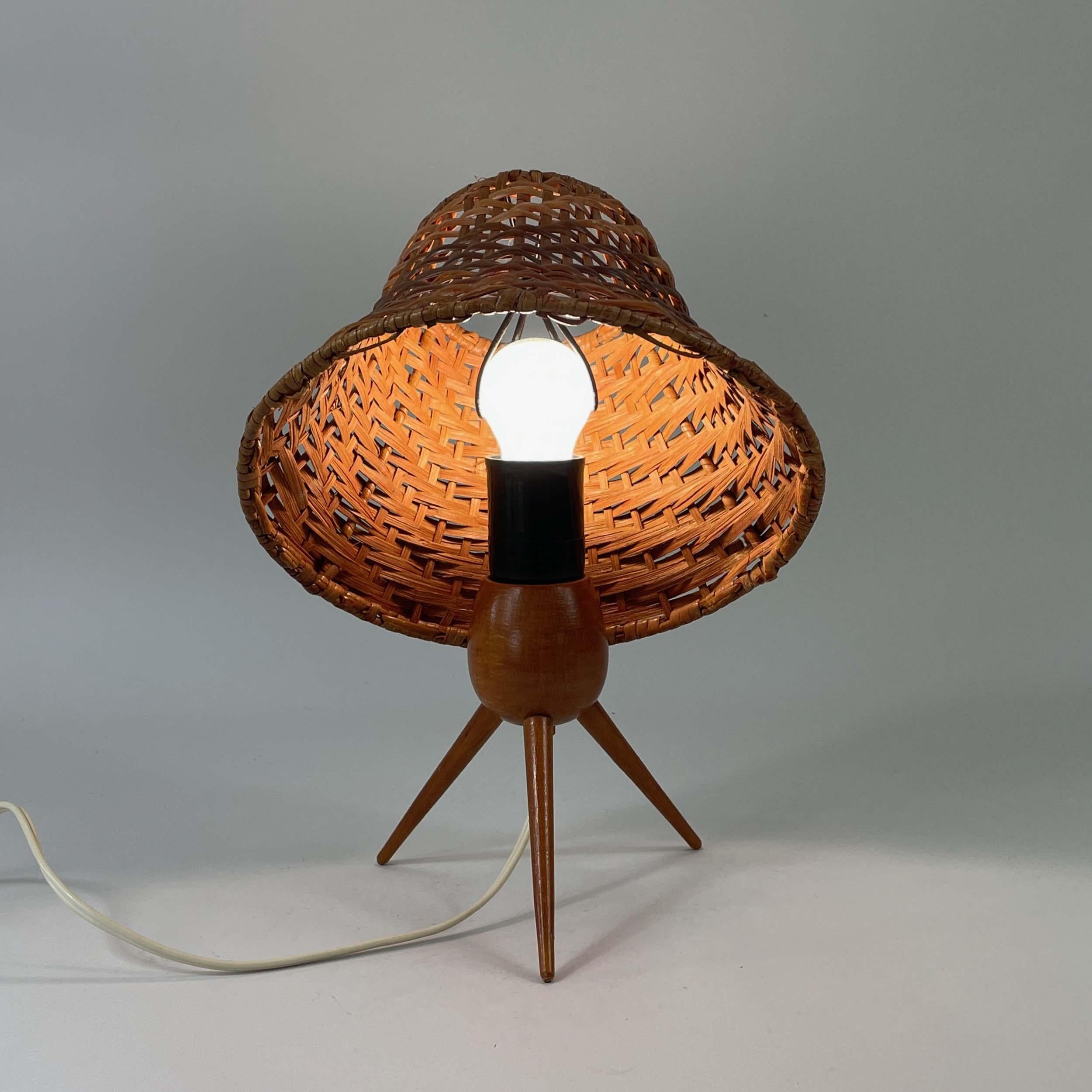 Rattan Wicker and Birch Tripod Table Lamp, Austria 1950s For Sale 1