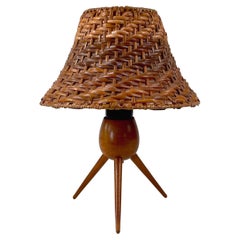 Rattan Wicker and Birch Tripod Table Lamp, Austria 1950s