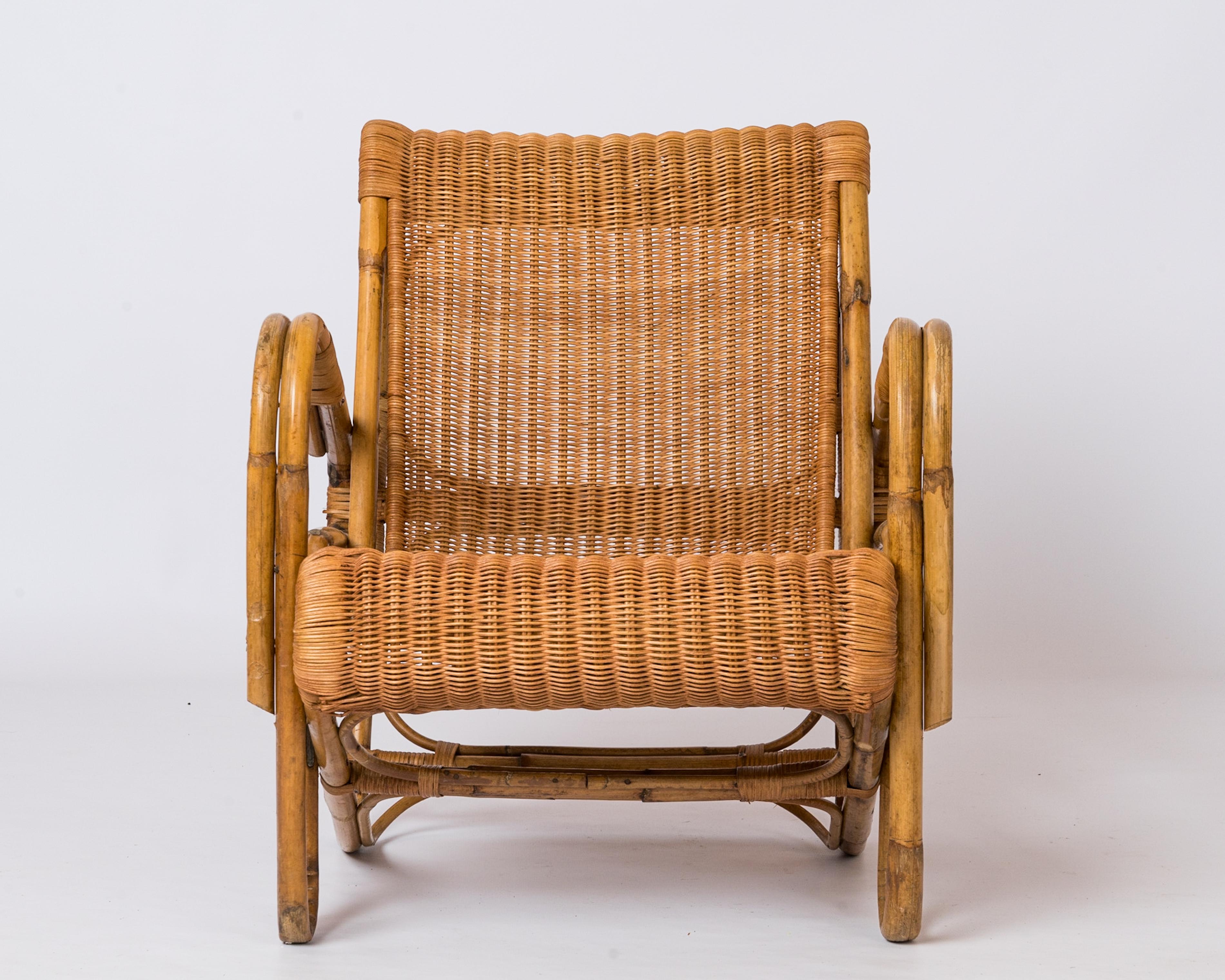 Rattan & Wicker Armchair in the style of Joseph André Motte - France 1960's For Sale 6
