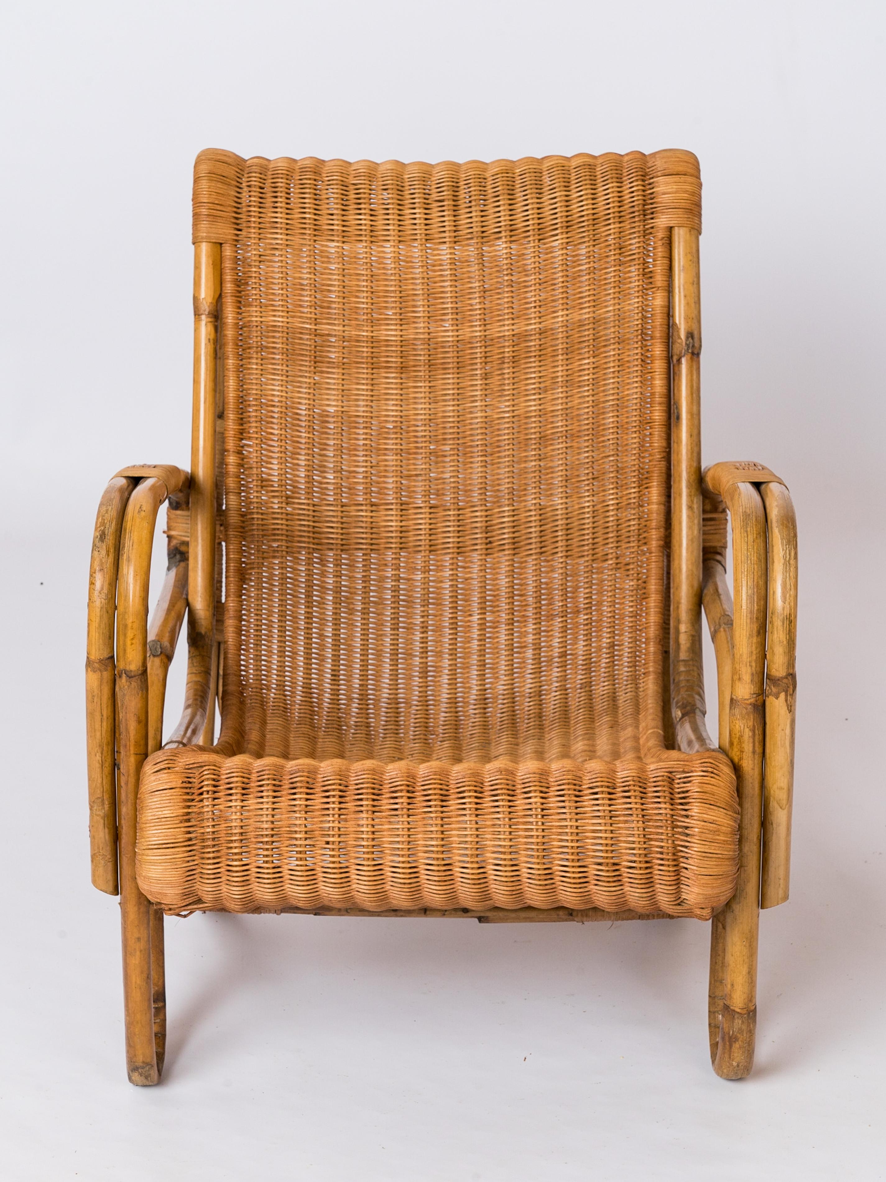 Rattan & Wicker Armchair in the style of Joseph André Motte - France 1960's For Sale 7