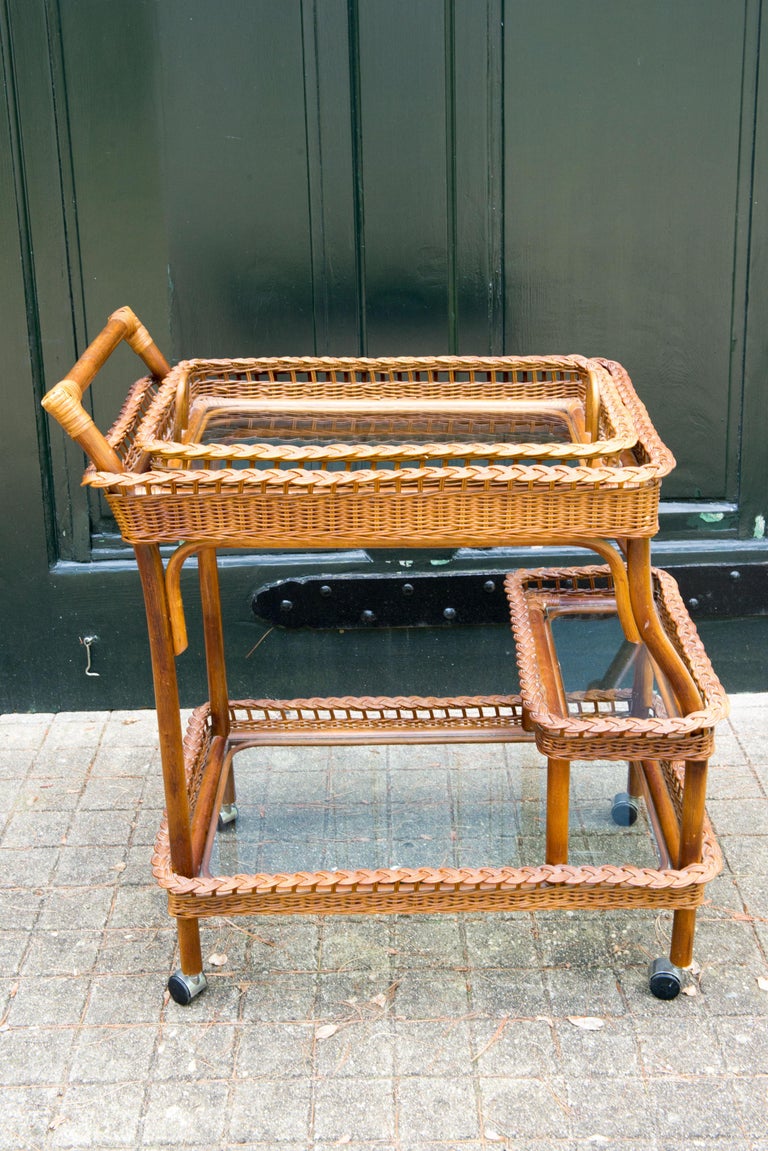 Arts and Crafts Rattan-Wicker Bar Cart For Sale