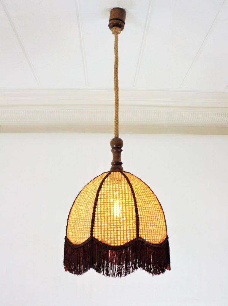Rattan Wicker Bell Pendant Hanging Lamp with Fringe, Spain, 1970s at